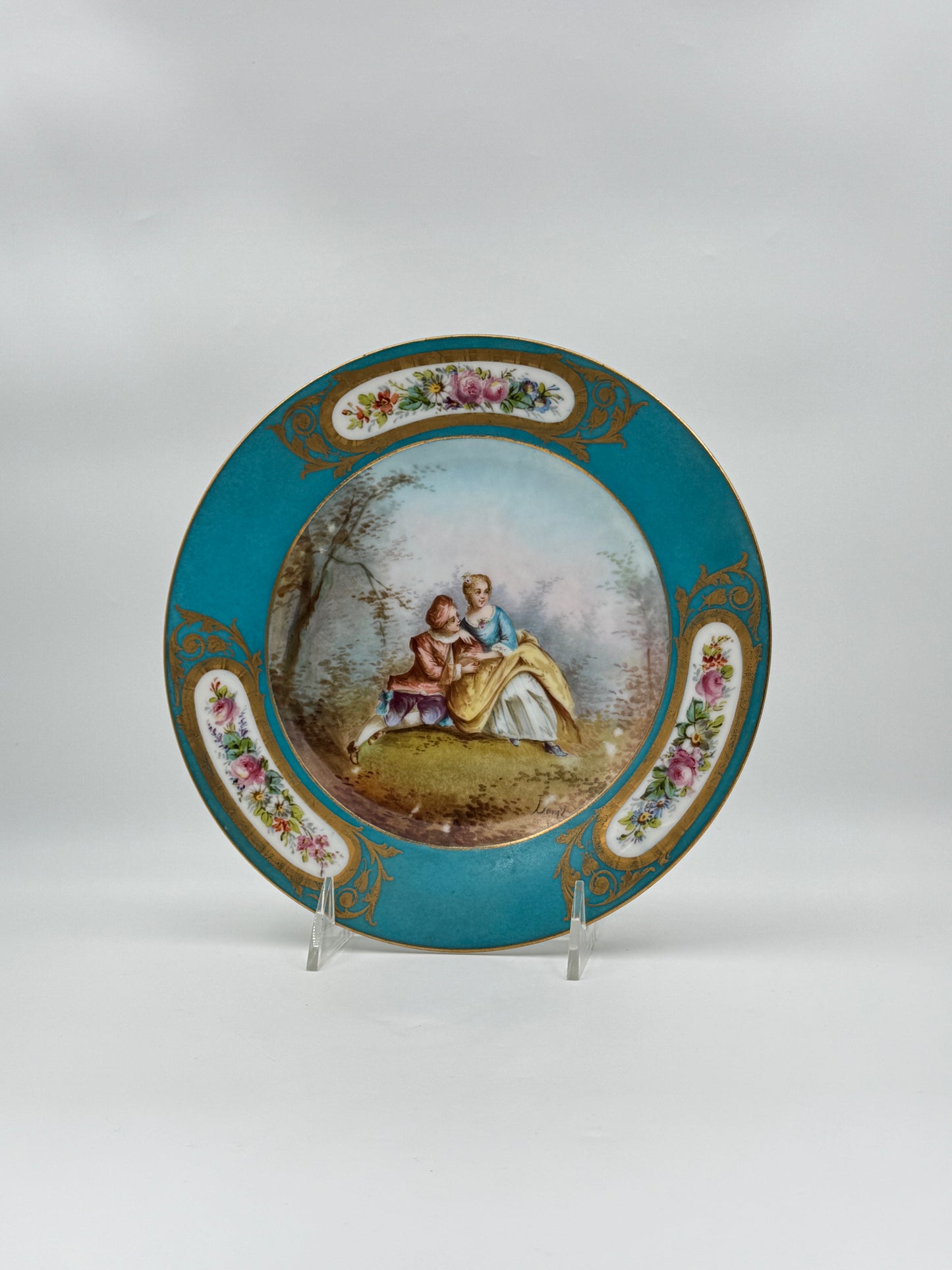 Set of 4 Sevres Style "Lovers" Plates – Blue Rim with Gilt