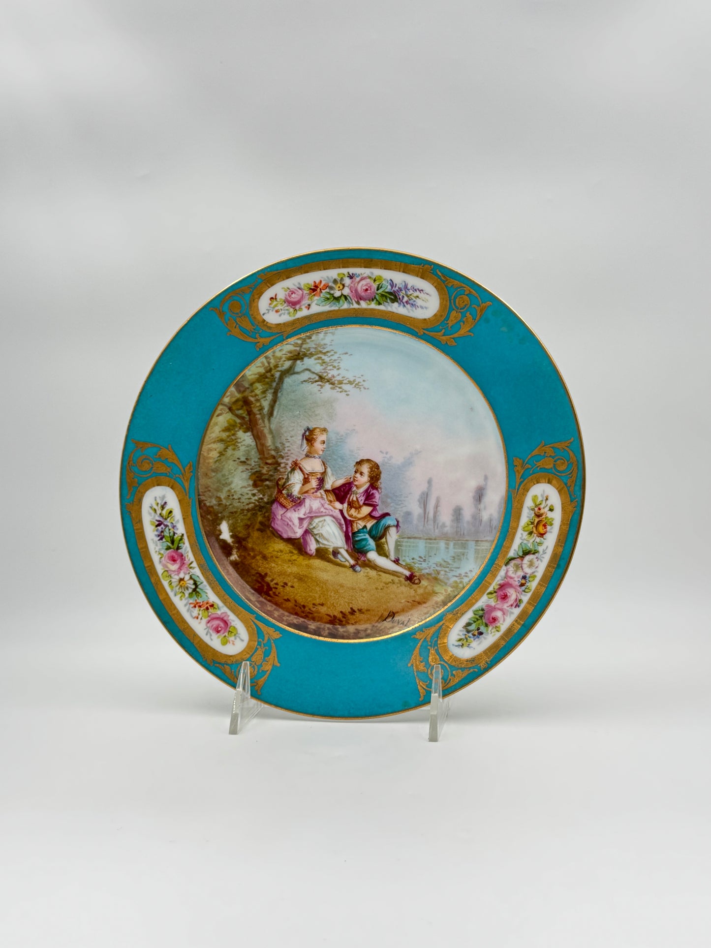 Set of 4 Sevres Style "Lovers" Plates – Blue Rim with Gilt