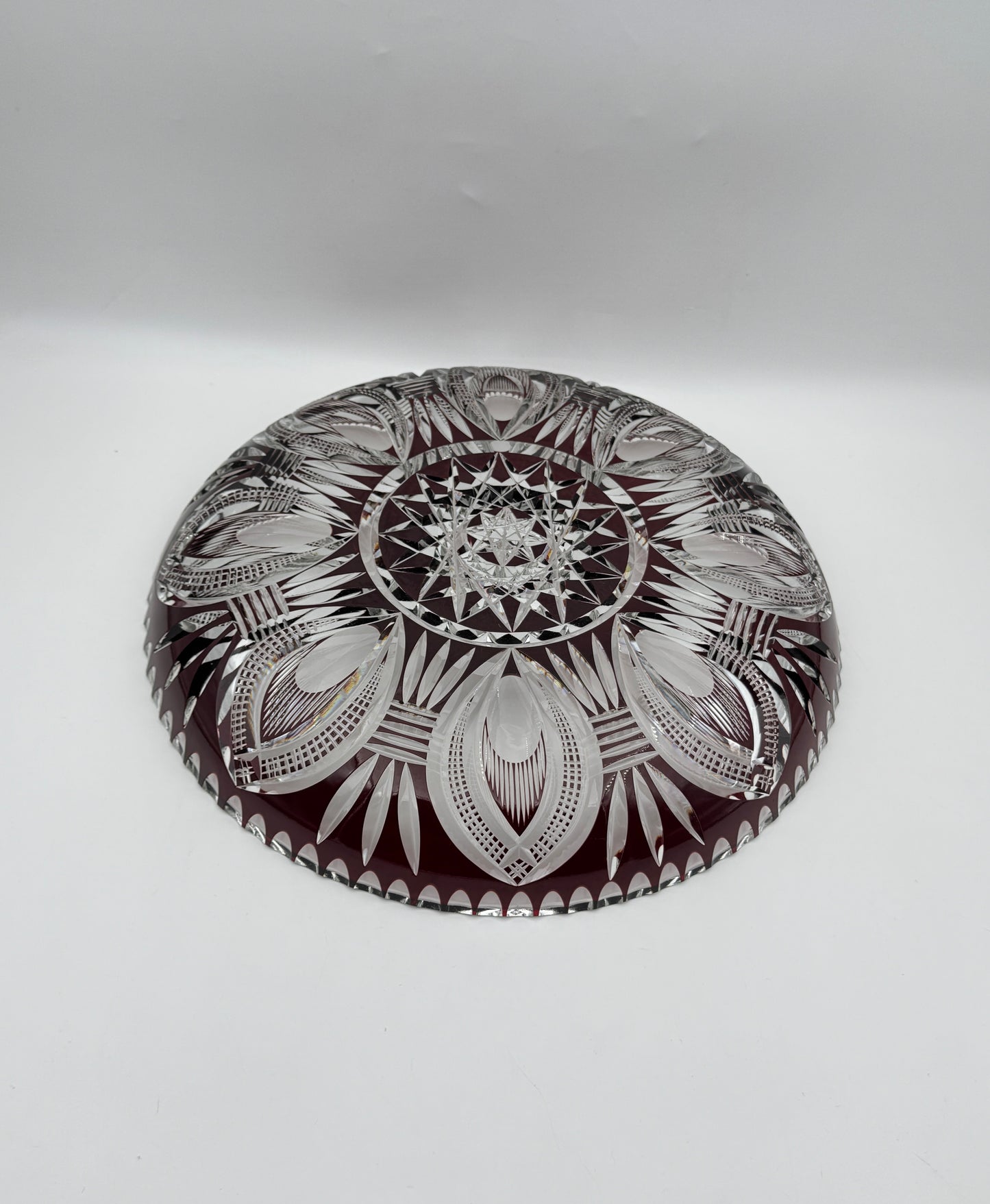 Ruby Red to Clear Cut Glass Shallow Bowl with Starburst Scalloped Edge