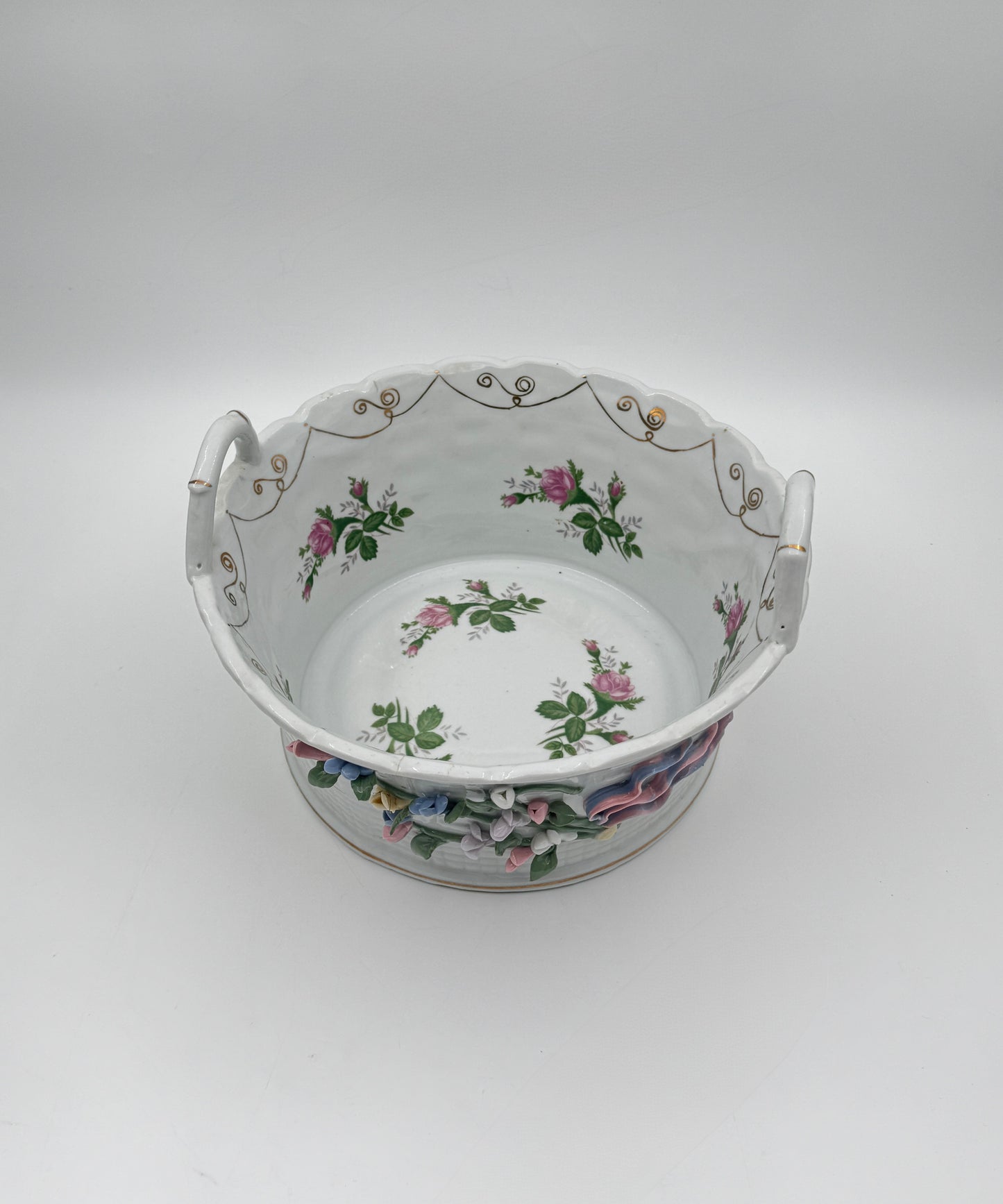 Ceramic Basket Weave Bowl with Handles – White with Floral & Gold Trim