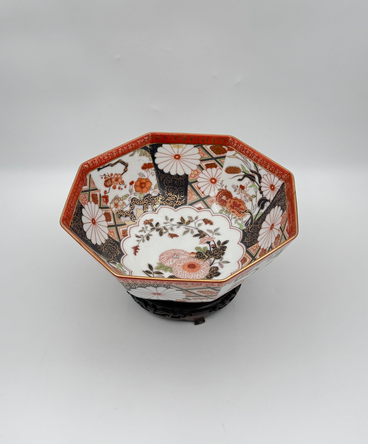Japanese Porcelain Octagonal Bowl with Stand – Floral & Geometric Imari Design, Gold Trim