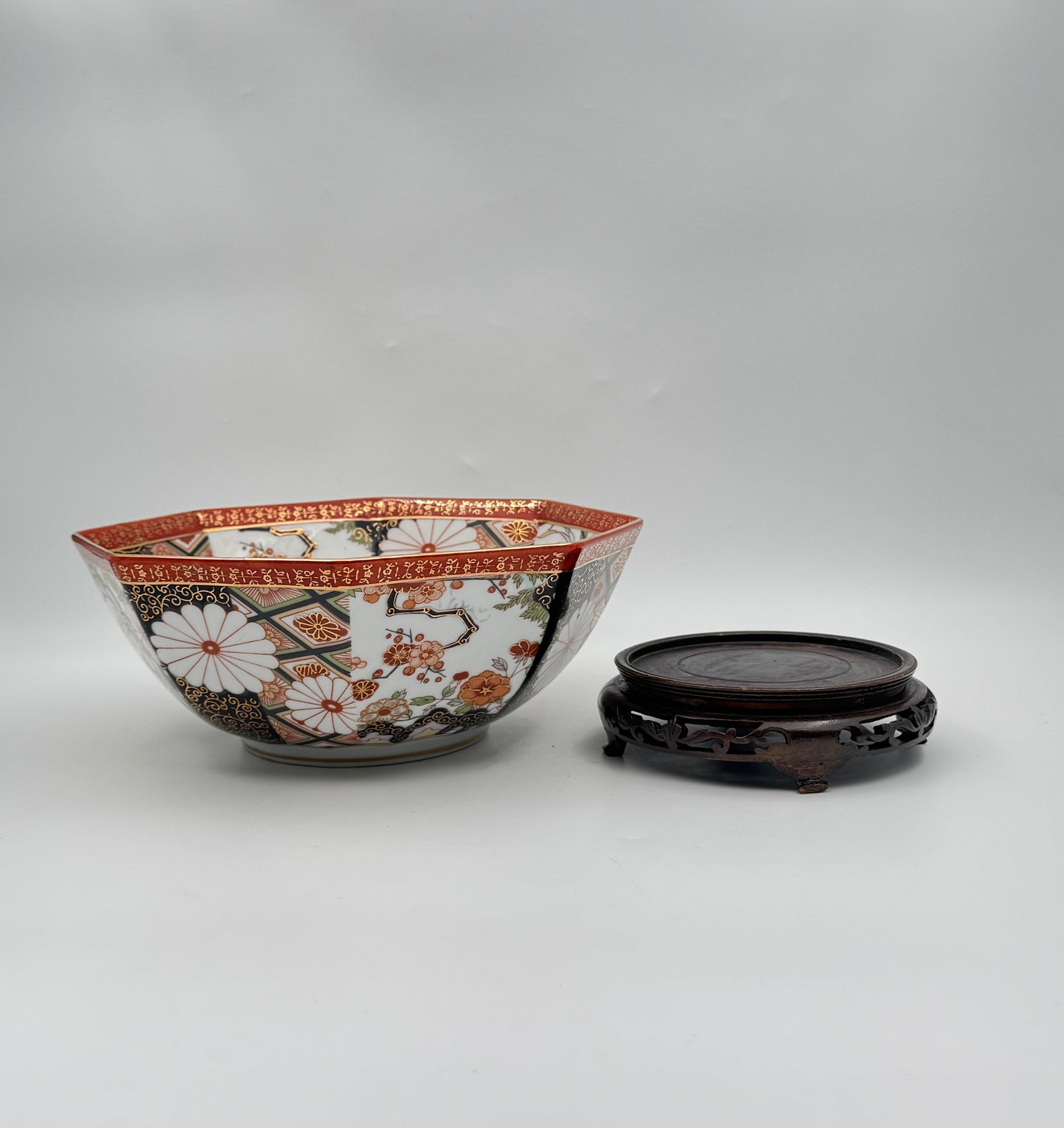 Japanese Porcelain Octagonal Bowl with Stand – Floral & Geometric Imari Design, Gold Trim