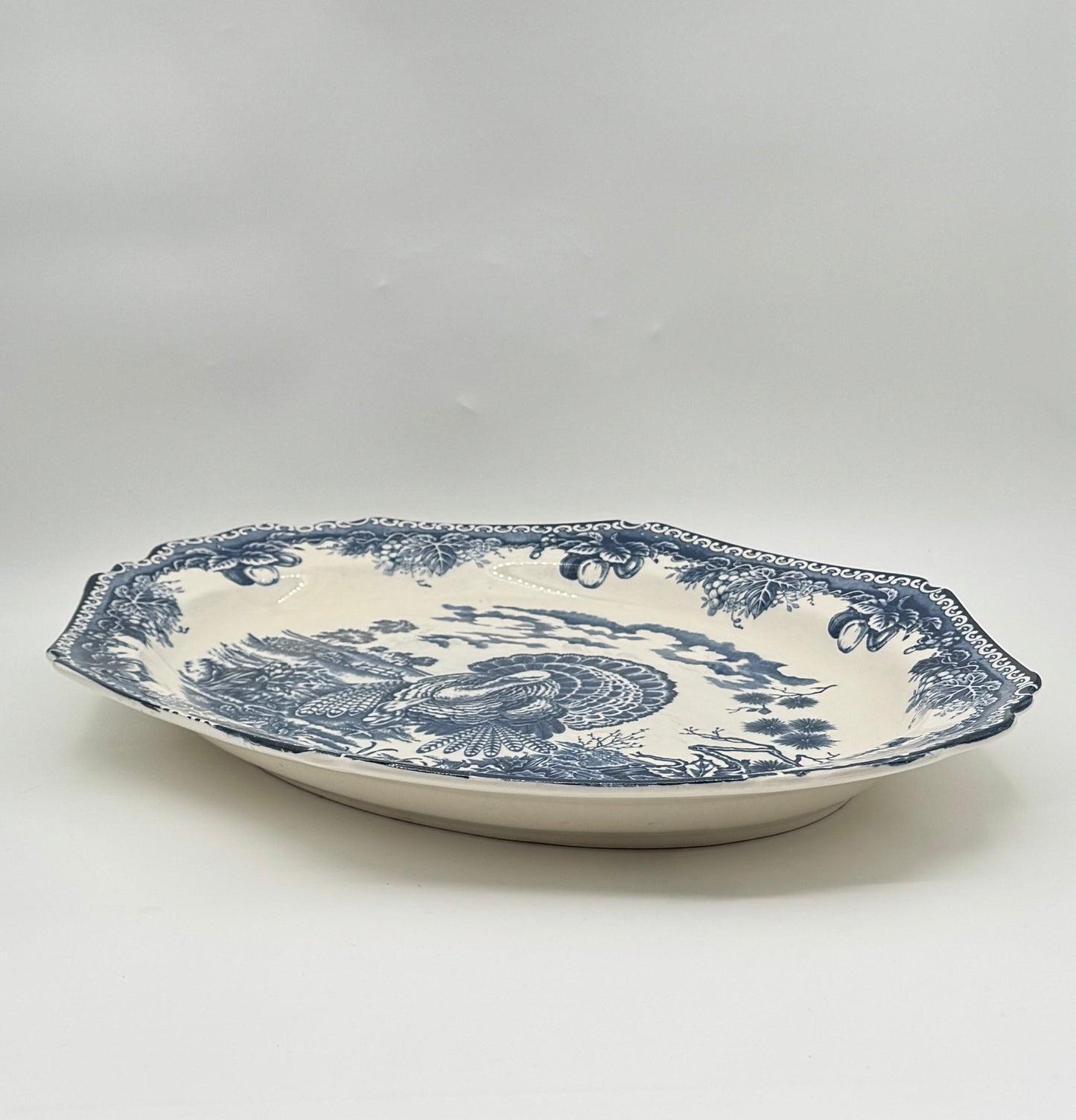 Blue & White Transferware Turkey Platter – Scalloped Edge with Floral & Fruit Border