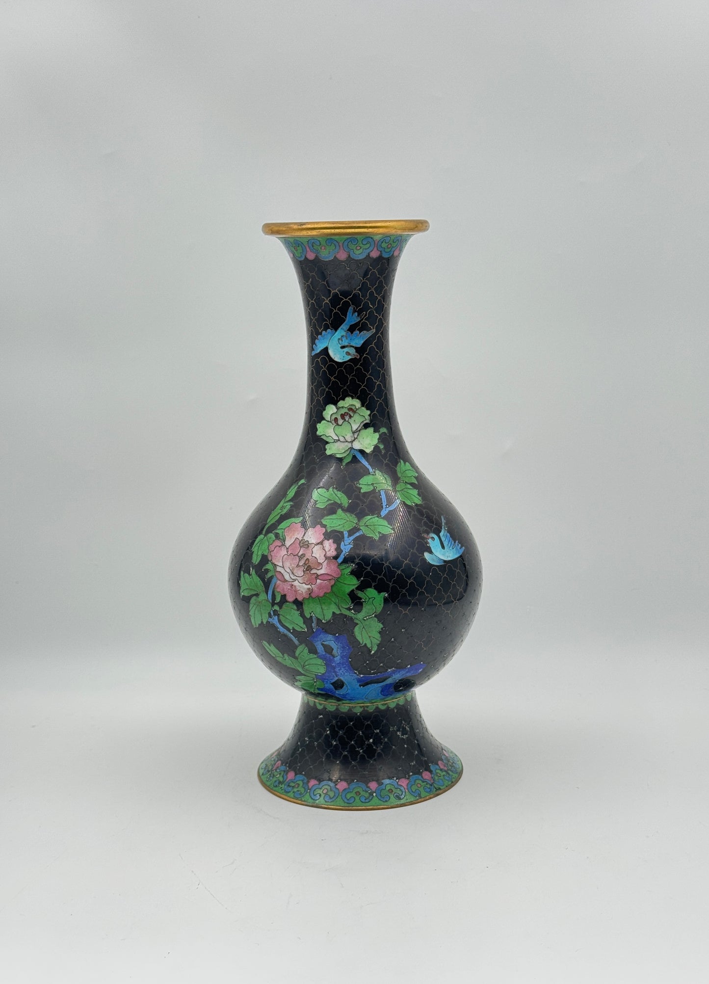 Chinese Cloisonné Vase – Black Enamel with Floral & Bird Design, Gold Rim