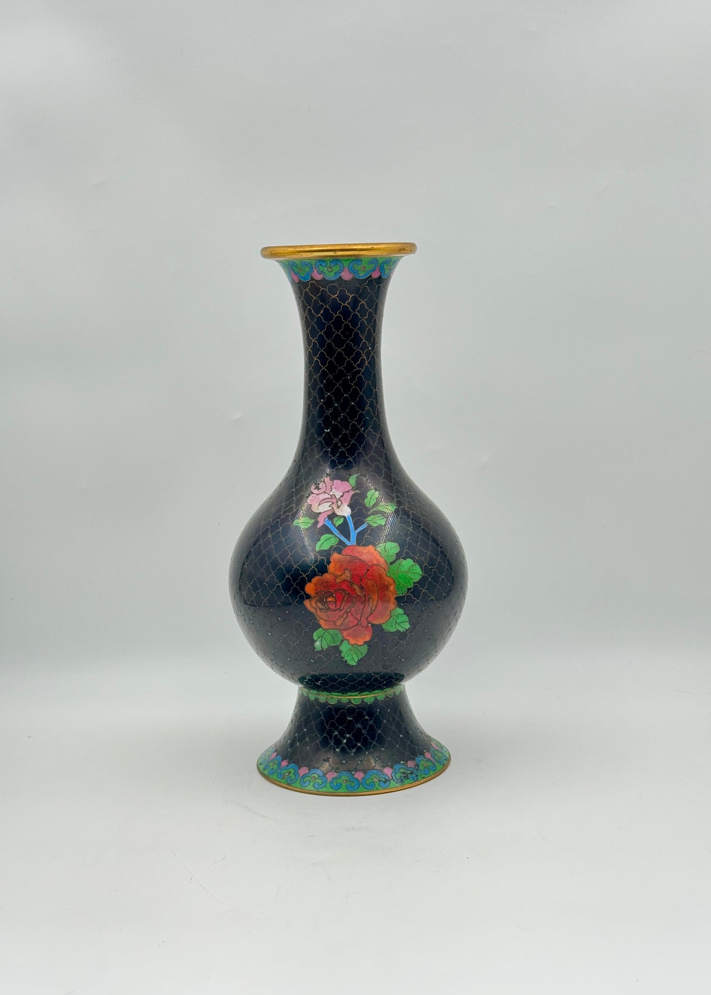 Chinese Cloisonné Vase – Black Enamel with Floral & Bird Design, Gold Rim