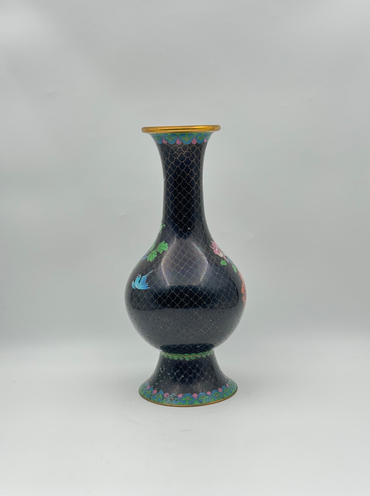 Chinese Cloisonné Vase – Black Enamel with Floral & Bird Design, Gold Rim