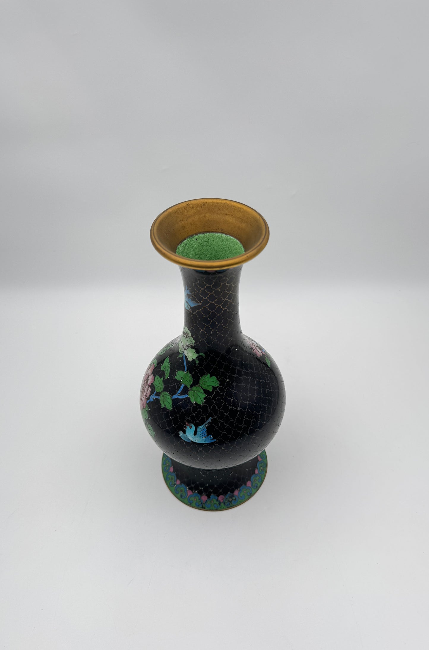 Chinese Cloisonné Vase – Black Enamel with Floral & Bird Design, Gold Rim