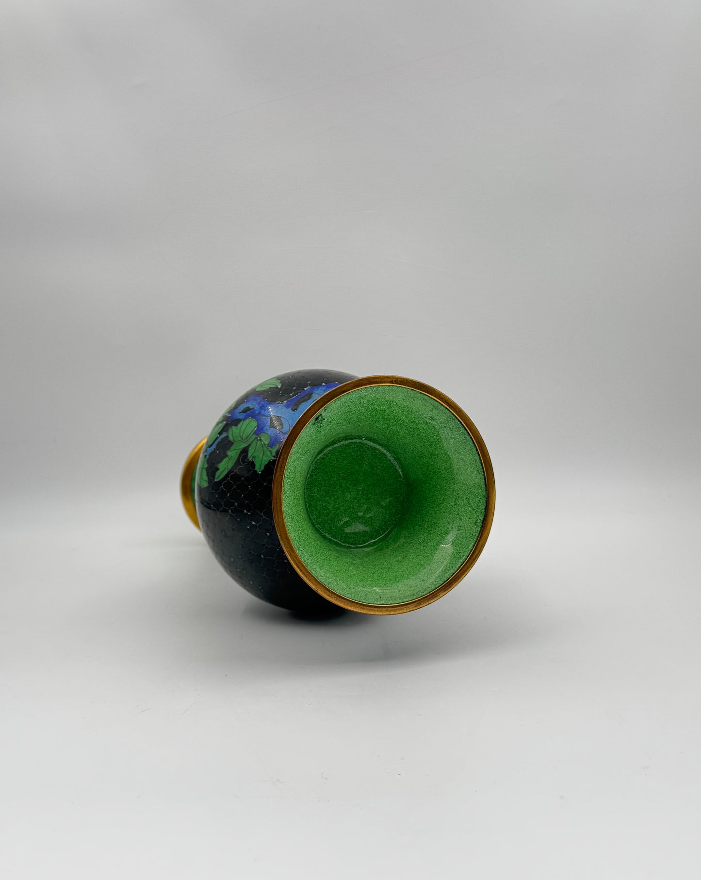 Chinese Cloisonné Vase – Black Enamel with Floral & Bird Design, Gold Rim