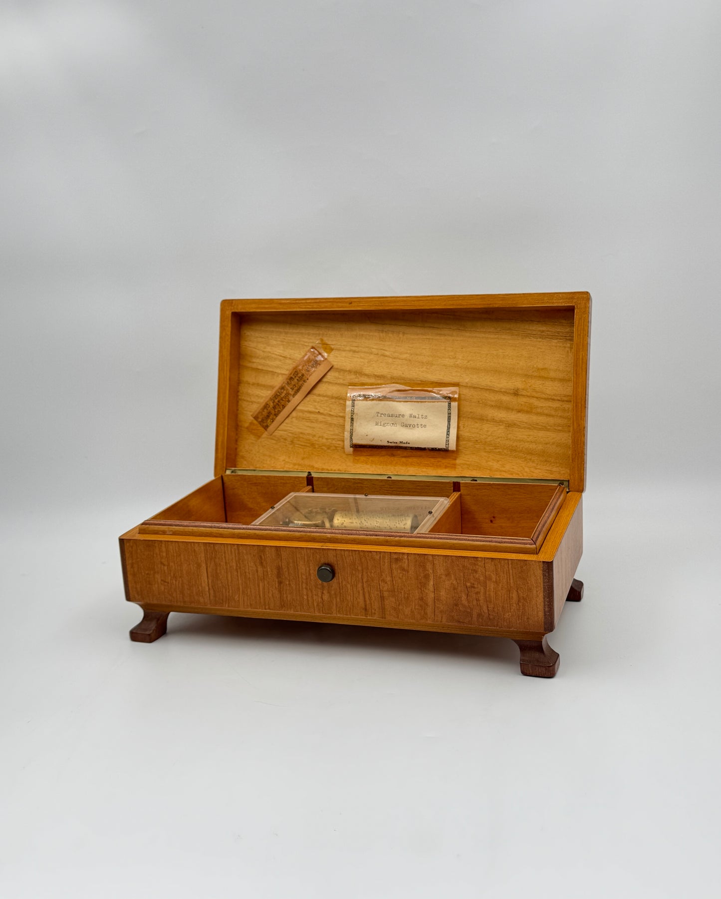 Swiss Made Wooden Music Box – Footed Case with Treasure Waltz & Mignon Gavotte Tunes