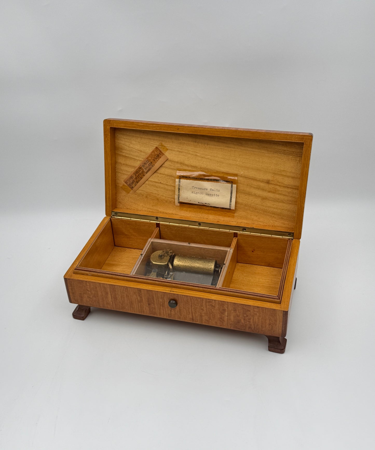 Swiss Made Wooden Music Box – Footed Case with Treasure Waltz & Mignon Gavotte Tunes