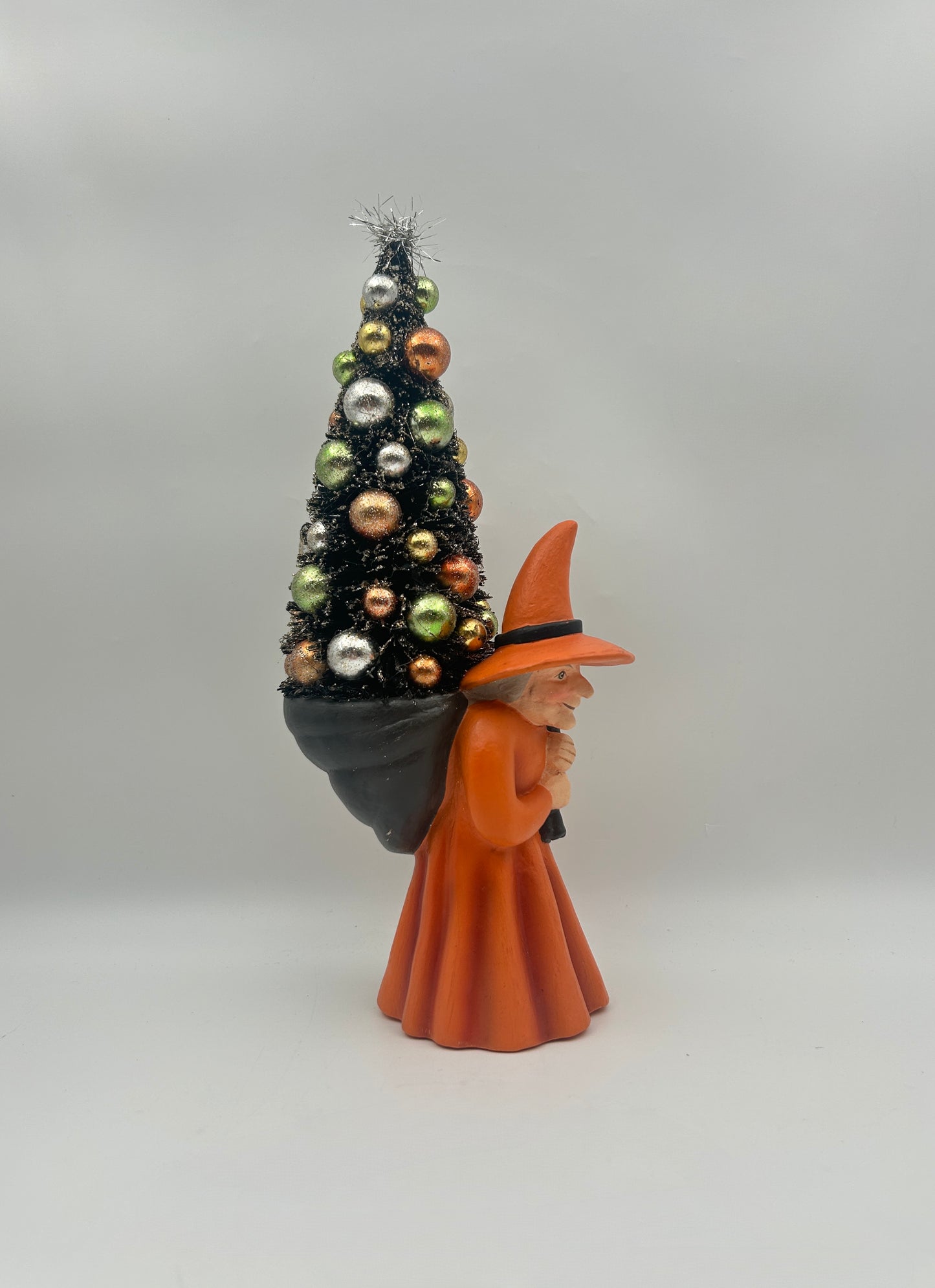 Bethany Lowe Witch Carrying Decorated Tree – Hand-Painted Paper Pulp