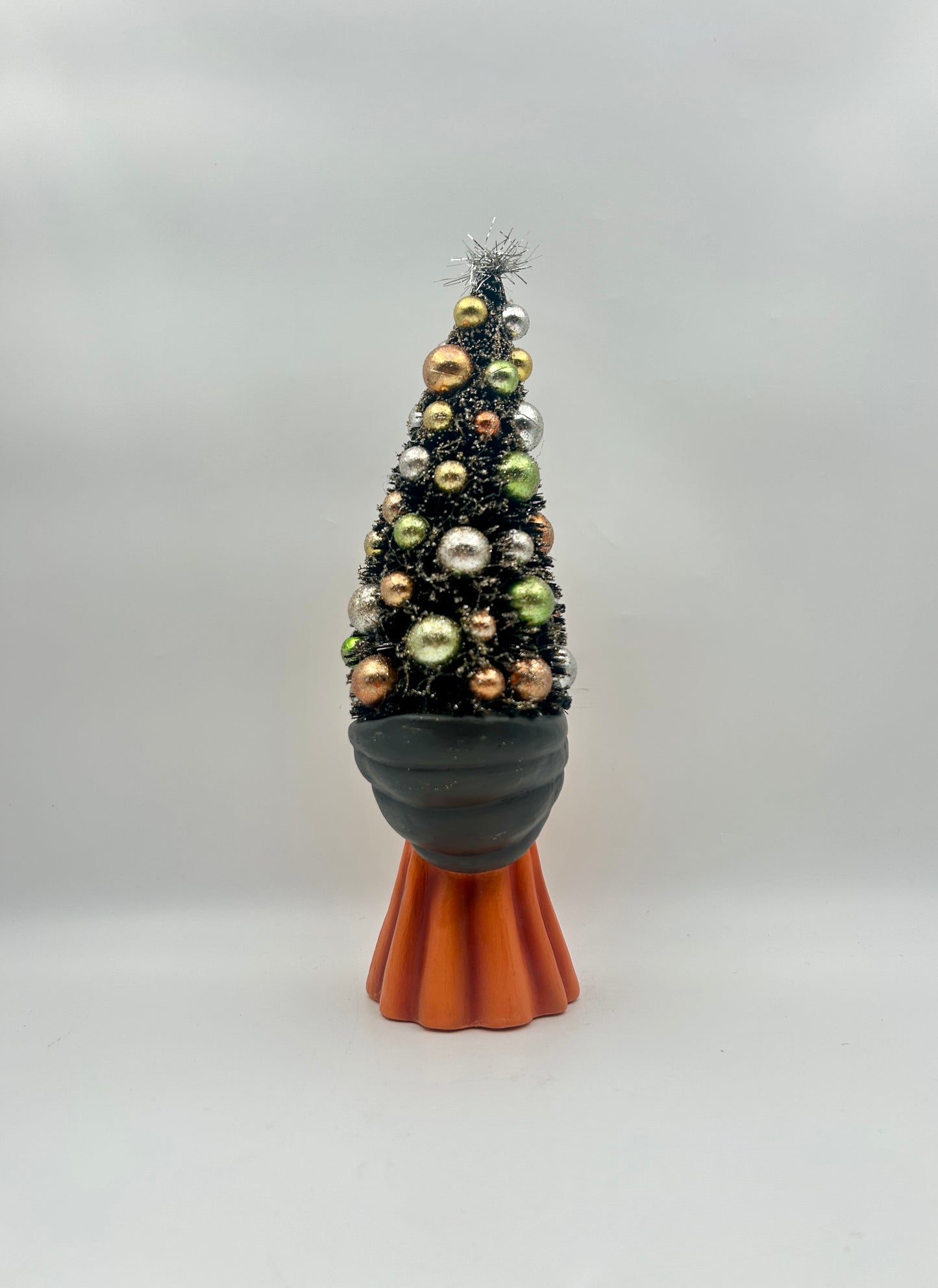 Bethany Lowe Witch Carrying Decorated Tree – Hand-Painted Paper Pulp