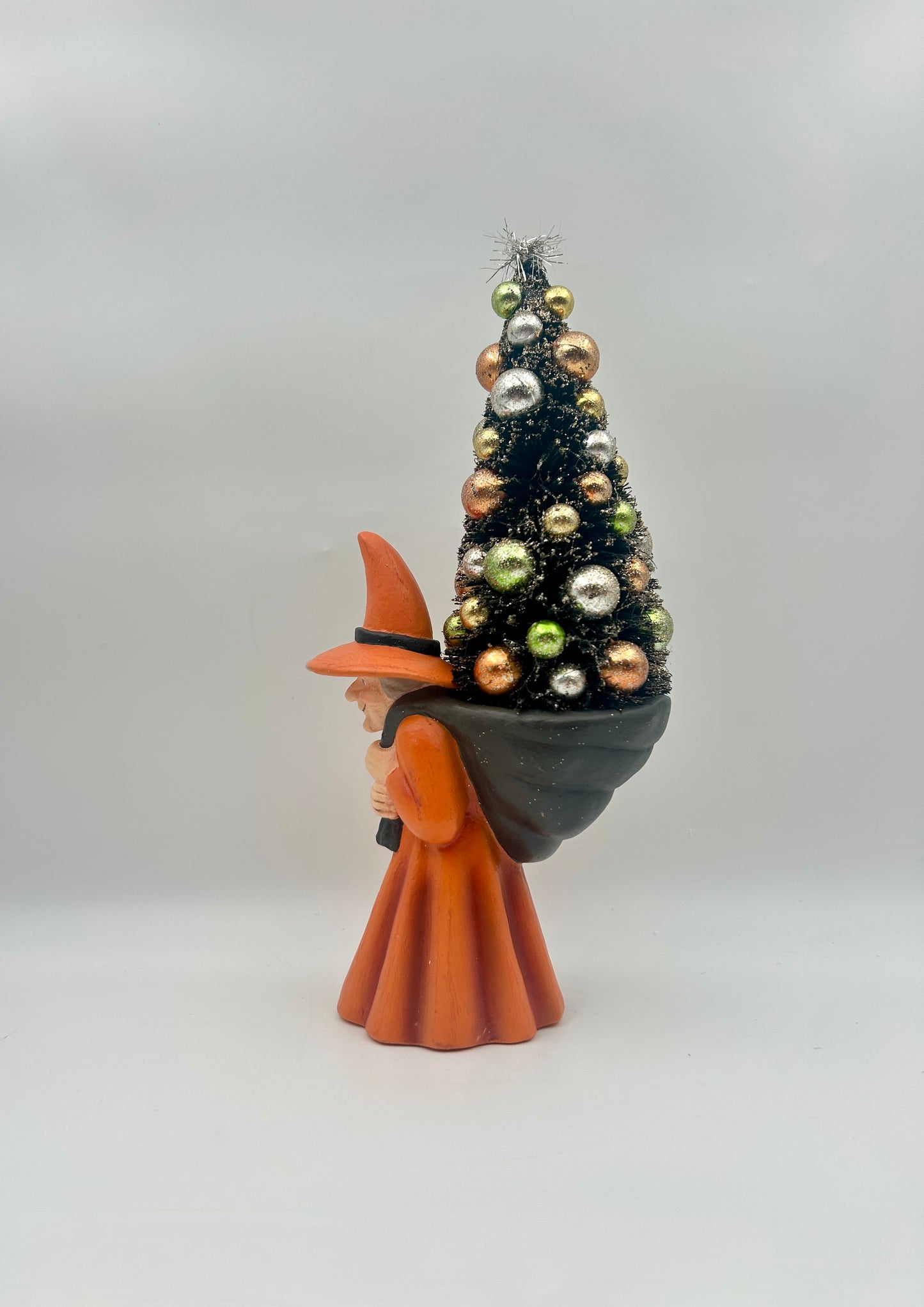 Bethany Lowe Witch Carrying Decorated Tree – Hand-Painted Paper Pulp