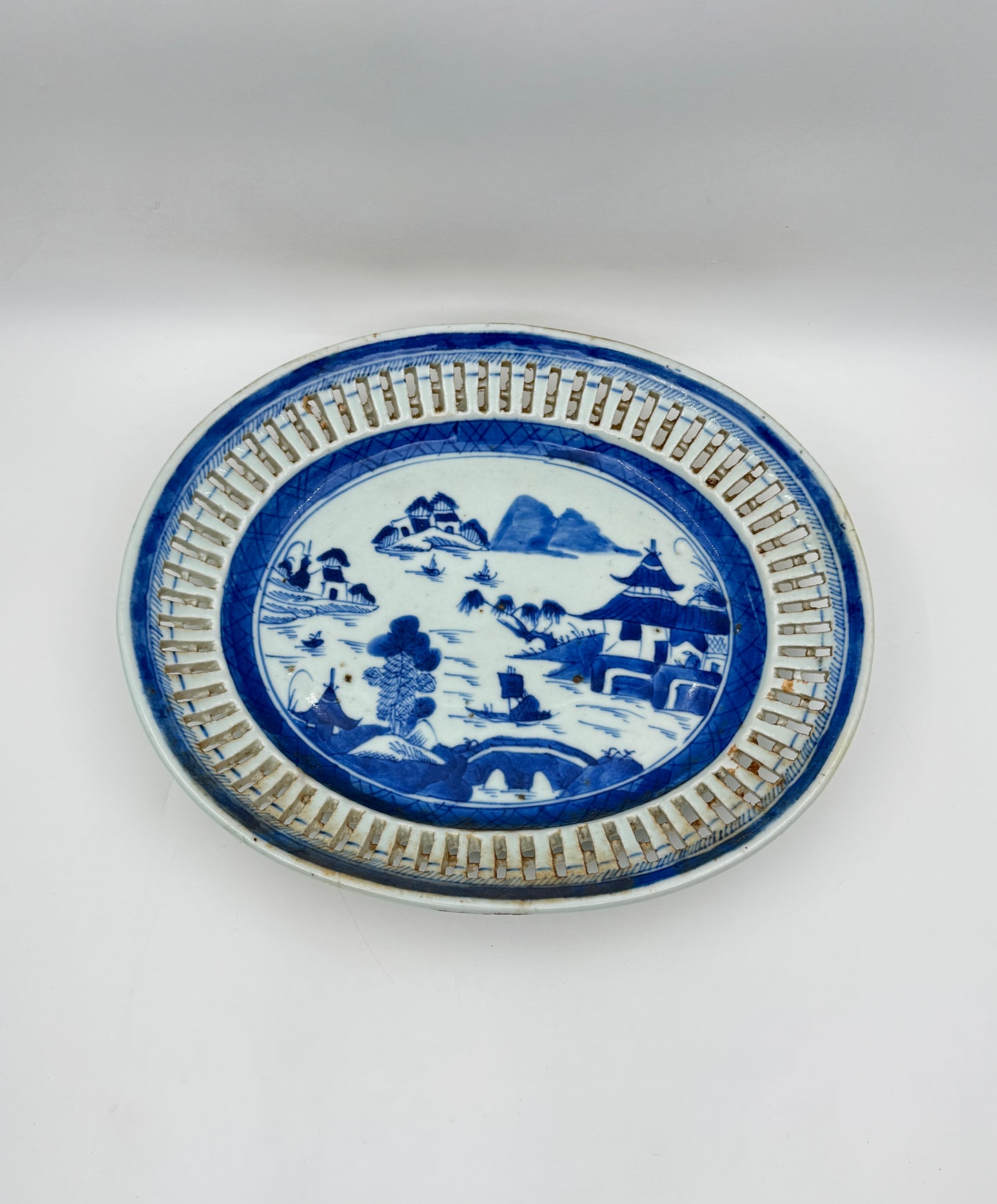 Chinese Export Blue & White Pierced Platter – Pagoda Landscape Art