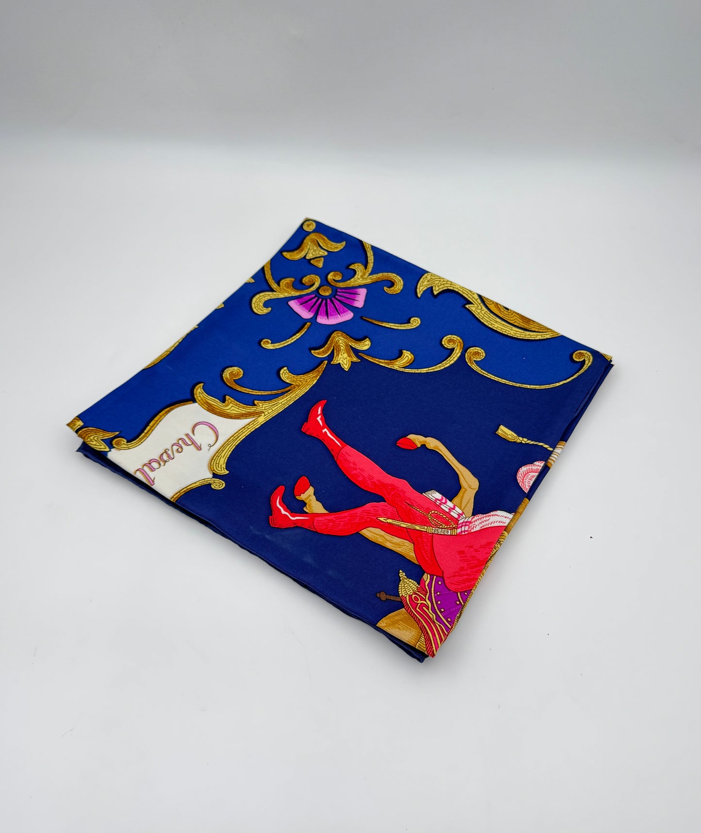 Hermès “Cheval Turc” Silk Scarf – Christine Vauzelles, Navy & Red