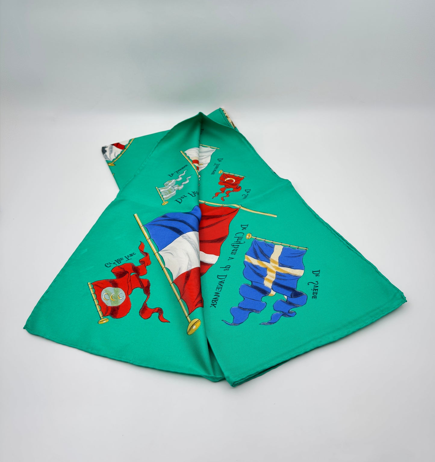 Hermès Silk Scarf “Pavois” by Philippe Ledoux Green with Flags Design