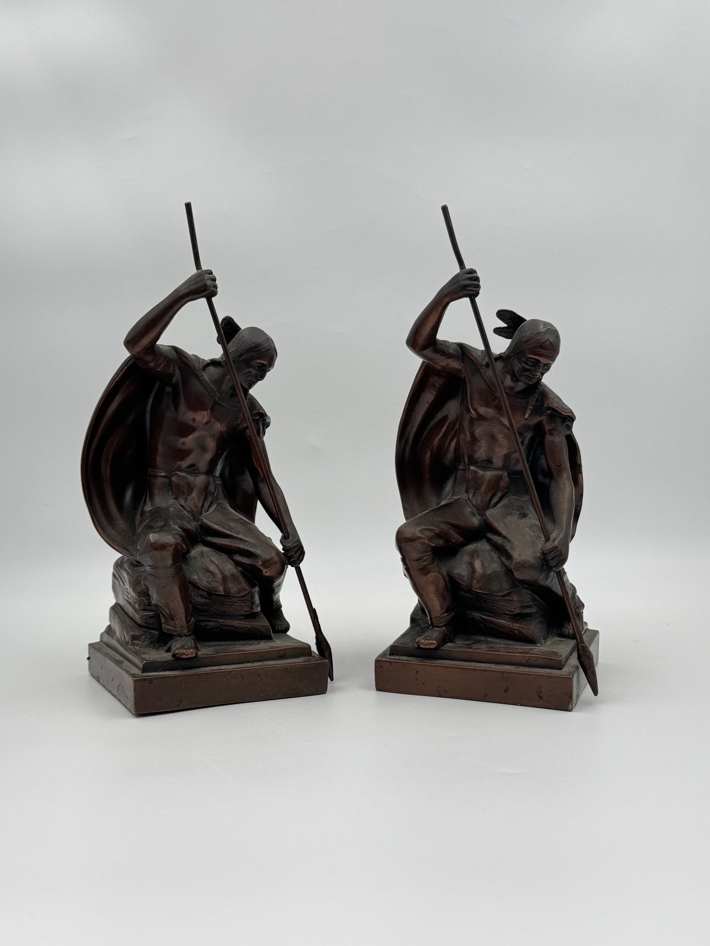Pair of Bronze-Clad Bookends – Native American Warriors with Spears