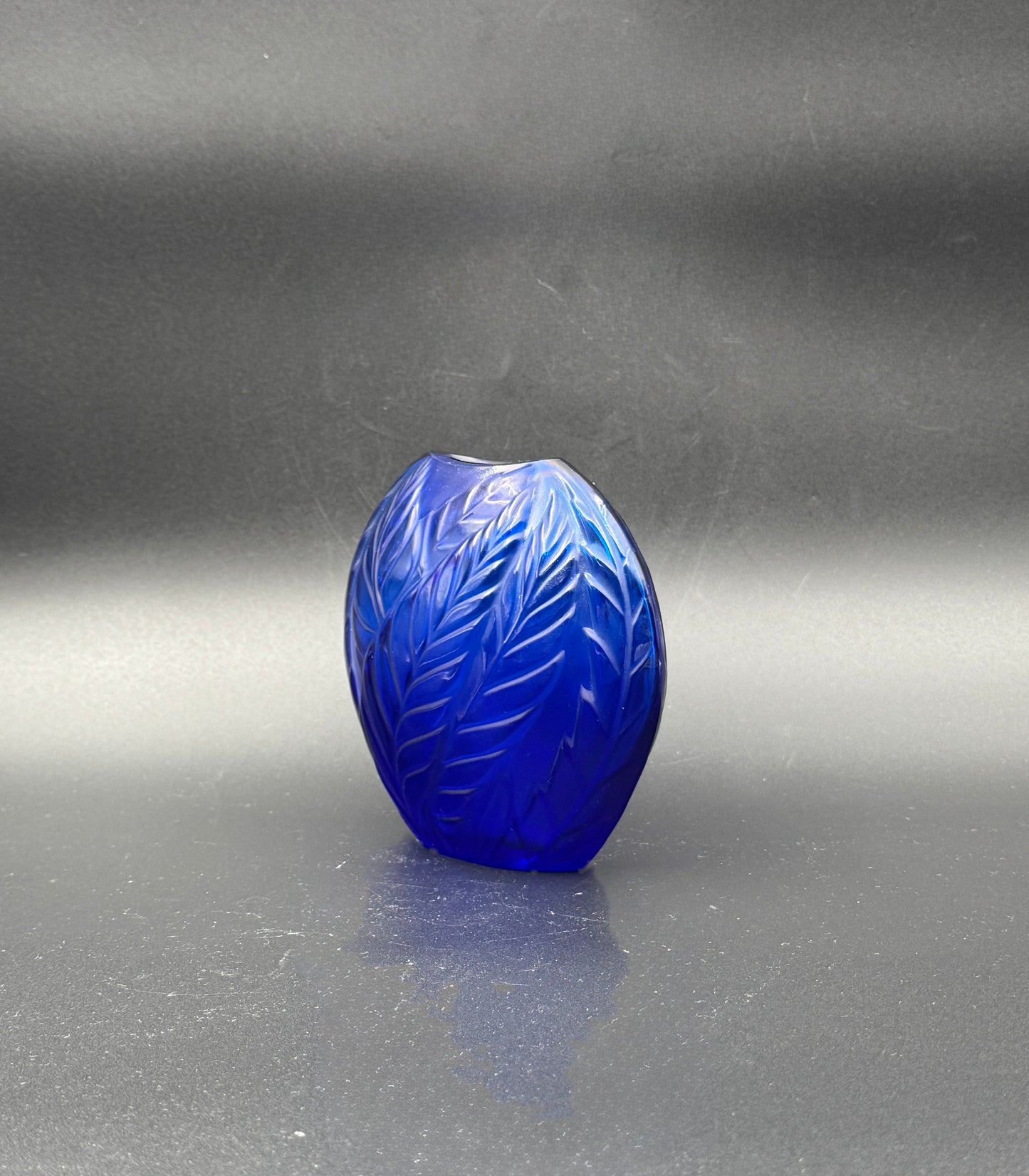 Lalique “Feuilles” Vase – Cobalt Blue Frosted Crystal – 4.5" – France c. 1985