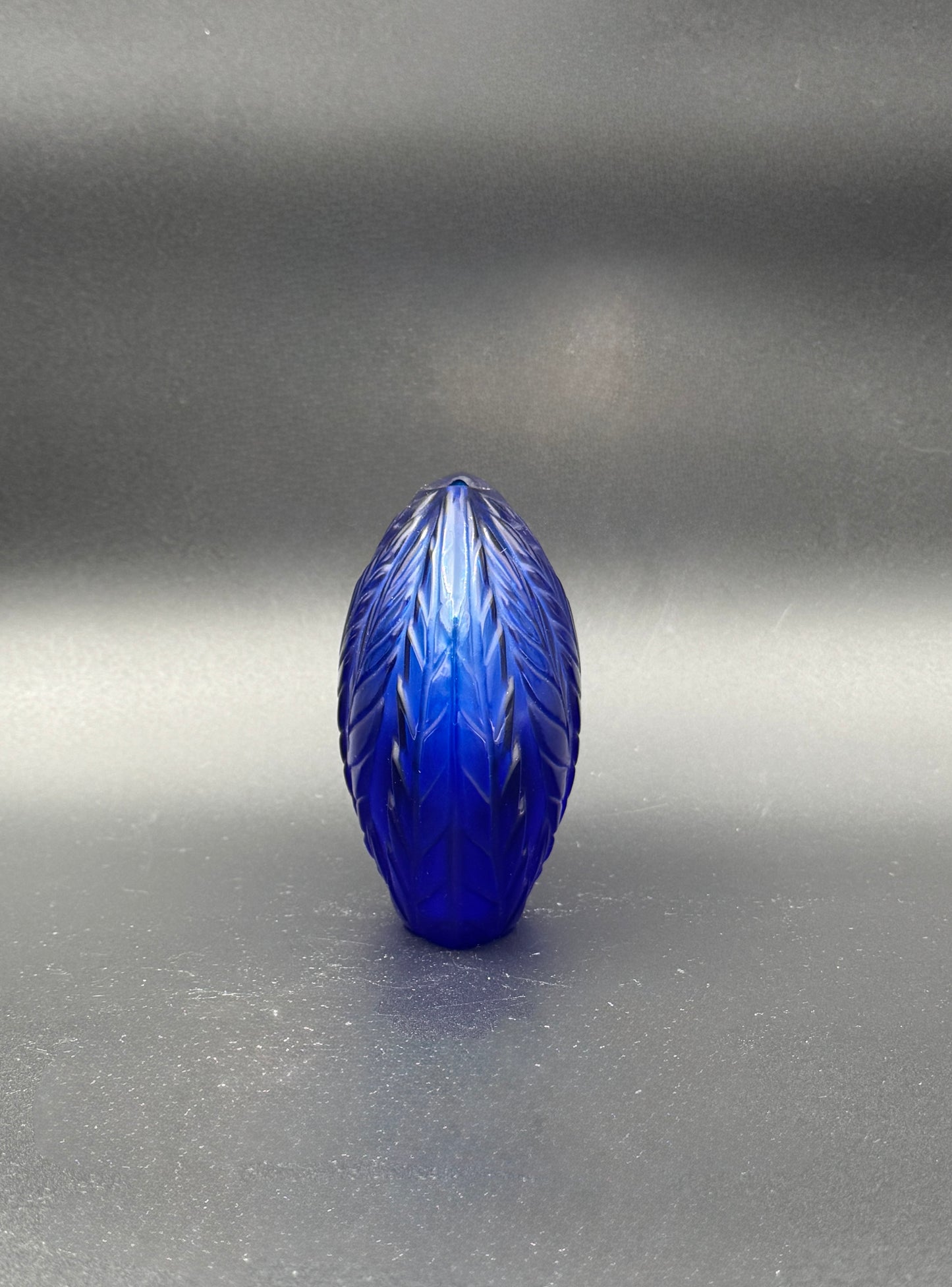Lalique “Feuilles” Vase – Cobalt Blue Frosted Crystal – 4.5" – France c. 1985