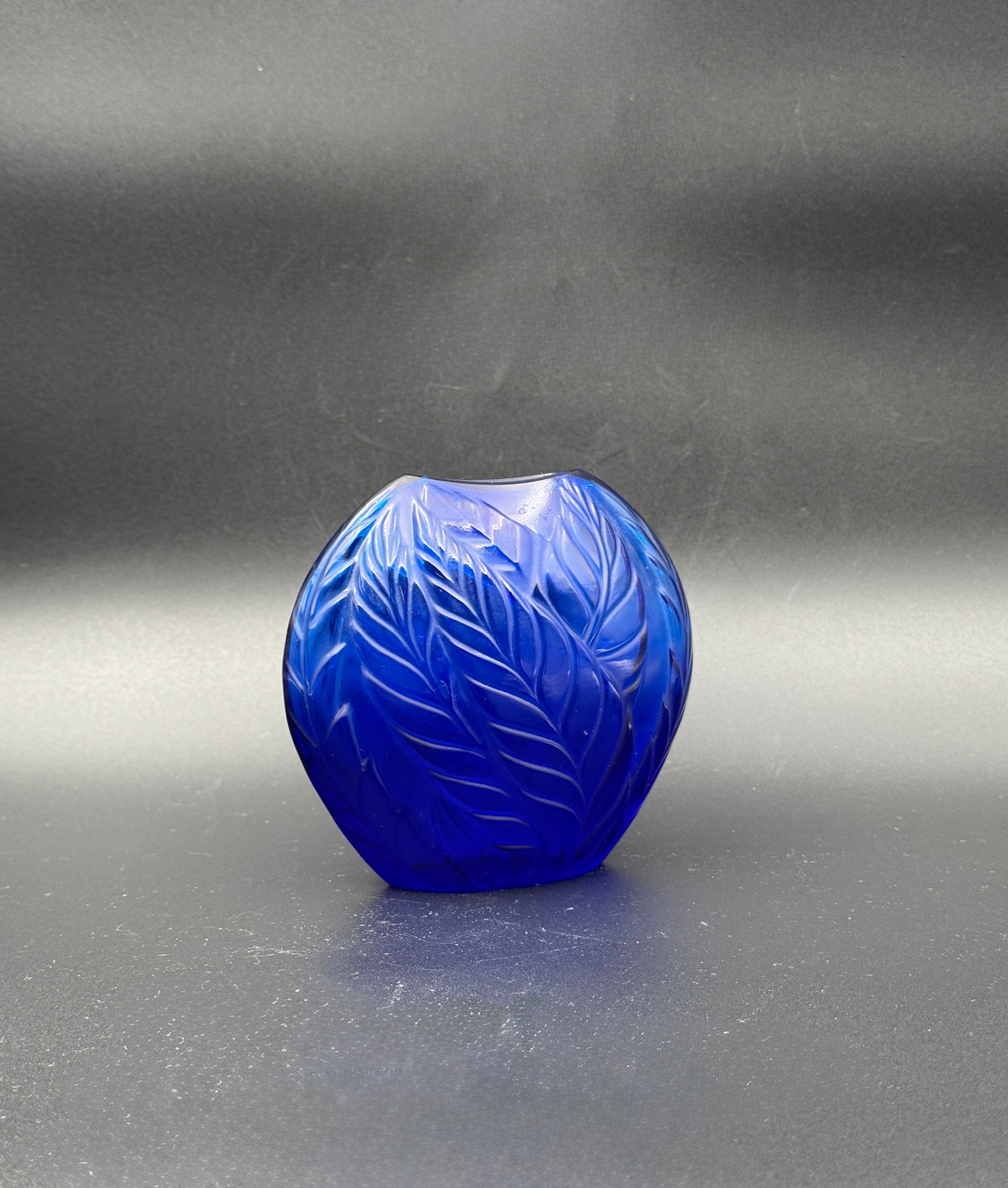 Lalique “Feuilles” Vase – Cobalt Blue Frosted Crystal – 4.5" – France c. 1985