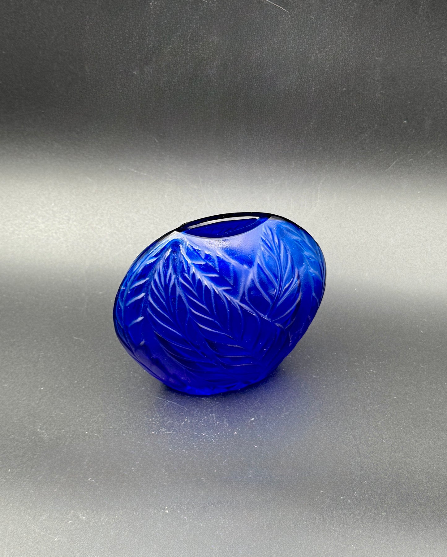Lalique “Feuilles” Vase – Cobalt Blue Frosted Crystal – 4.5" – France c. 1985