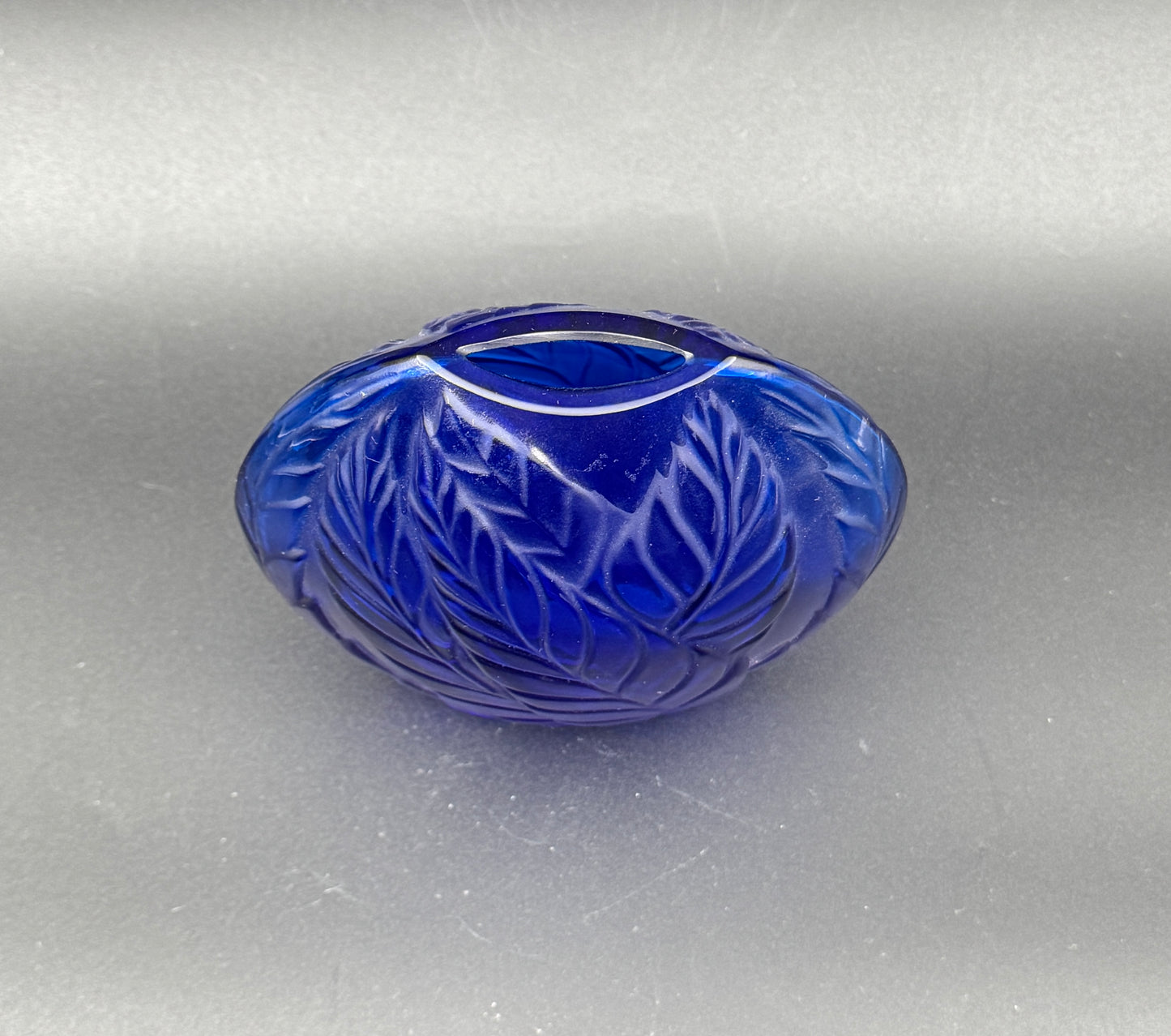 Lalique “Feuilles” Vase – Cobalt Blue Frosted Crystal – 4.5" – France c. 1985