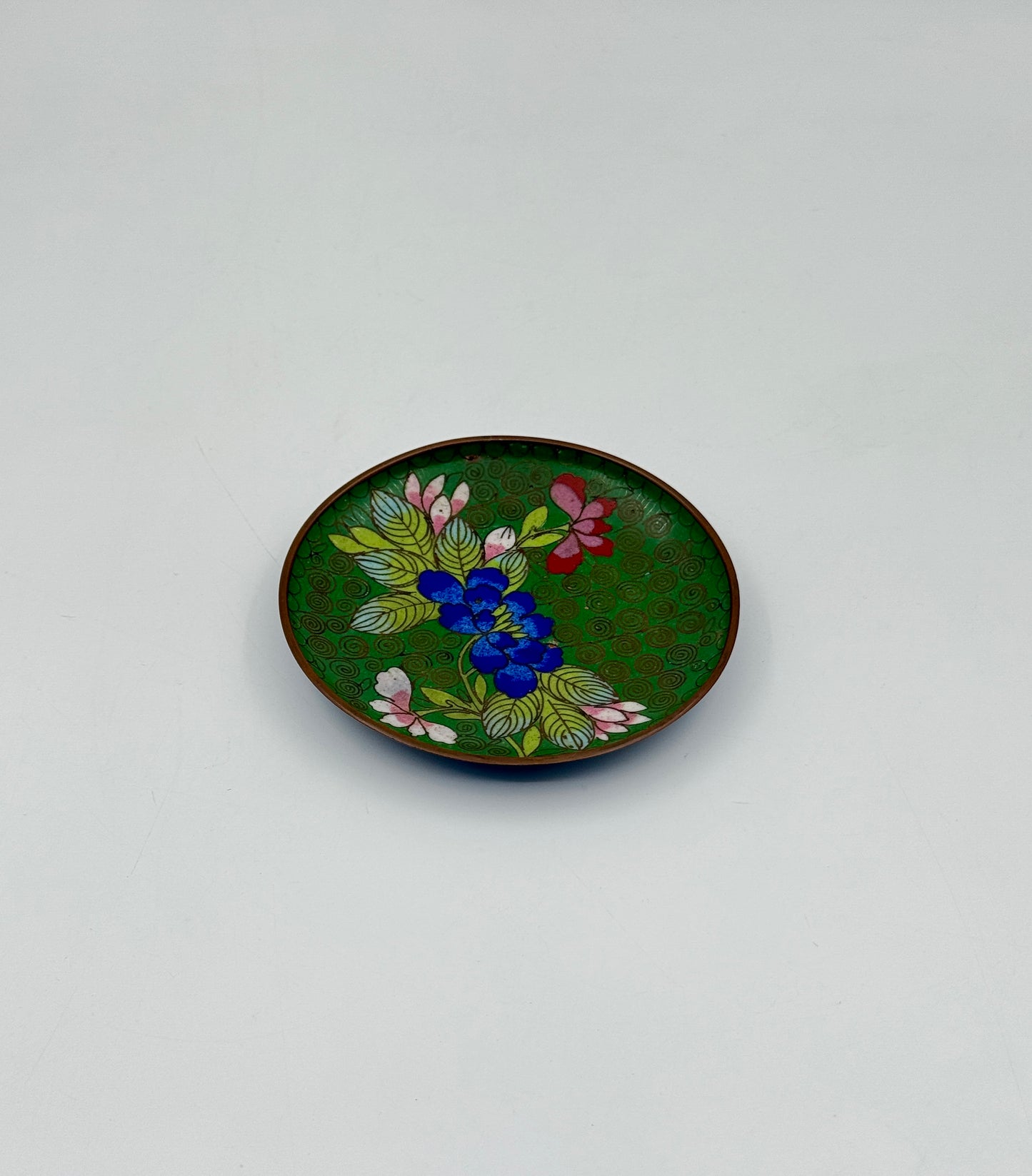 Cloisonné Trinket Dish – Green with Blue Floral Design