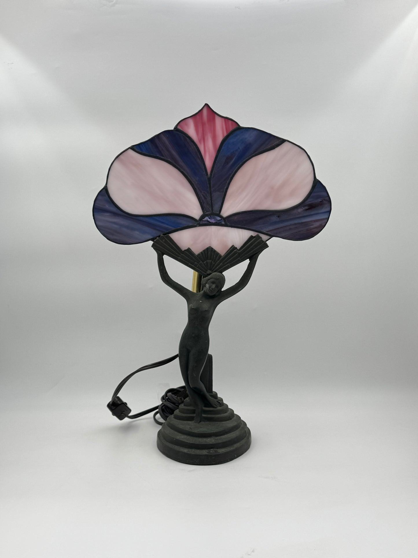 Art Deco Stained Glass Lamp with Female Figure Base