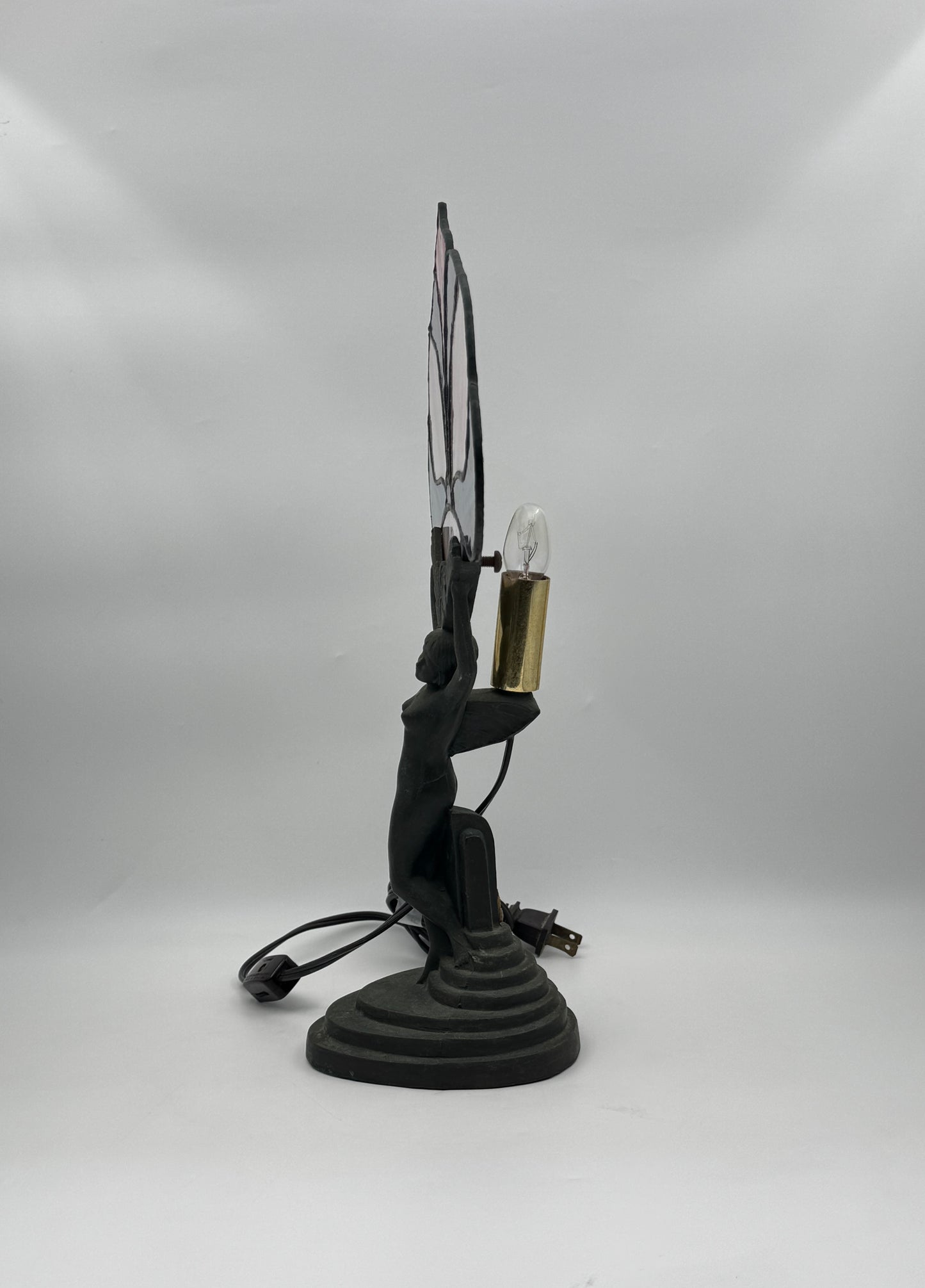 Art Deco Stained Glass Lamp with Female Figure Base