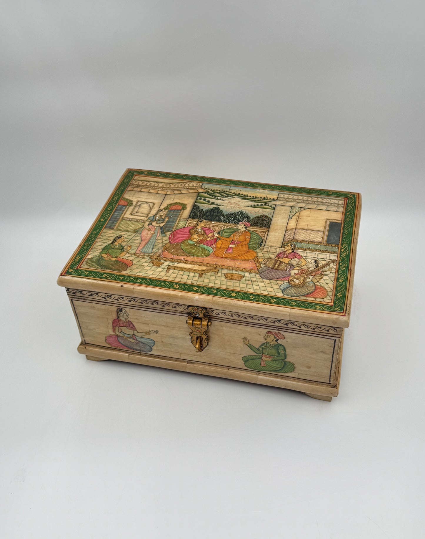 Hand-Painted Indian Bone Box – Mughal Court Scene & Floral Motifs