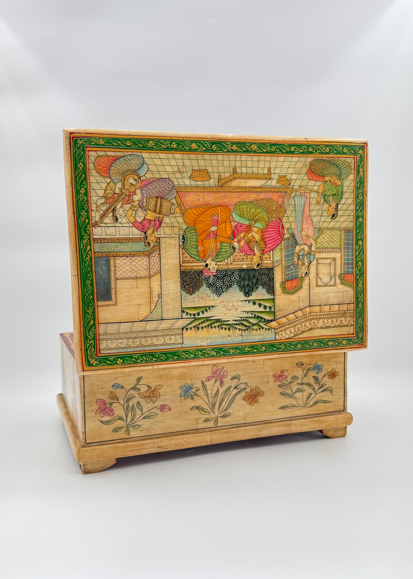 Hand-Painted Indian Bone Box – Mughal Court Scene & Floral Motifs