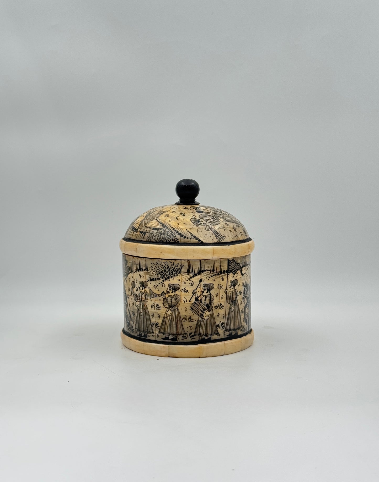 Hand-Painted Bone Betel Box – Round with Procession Scene