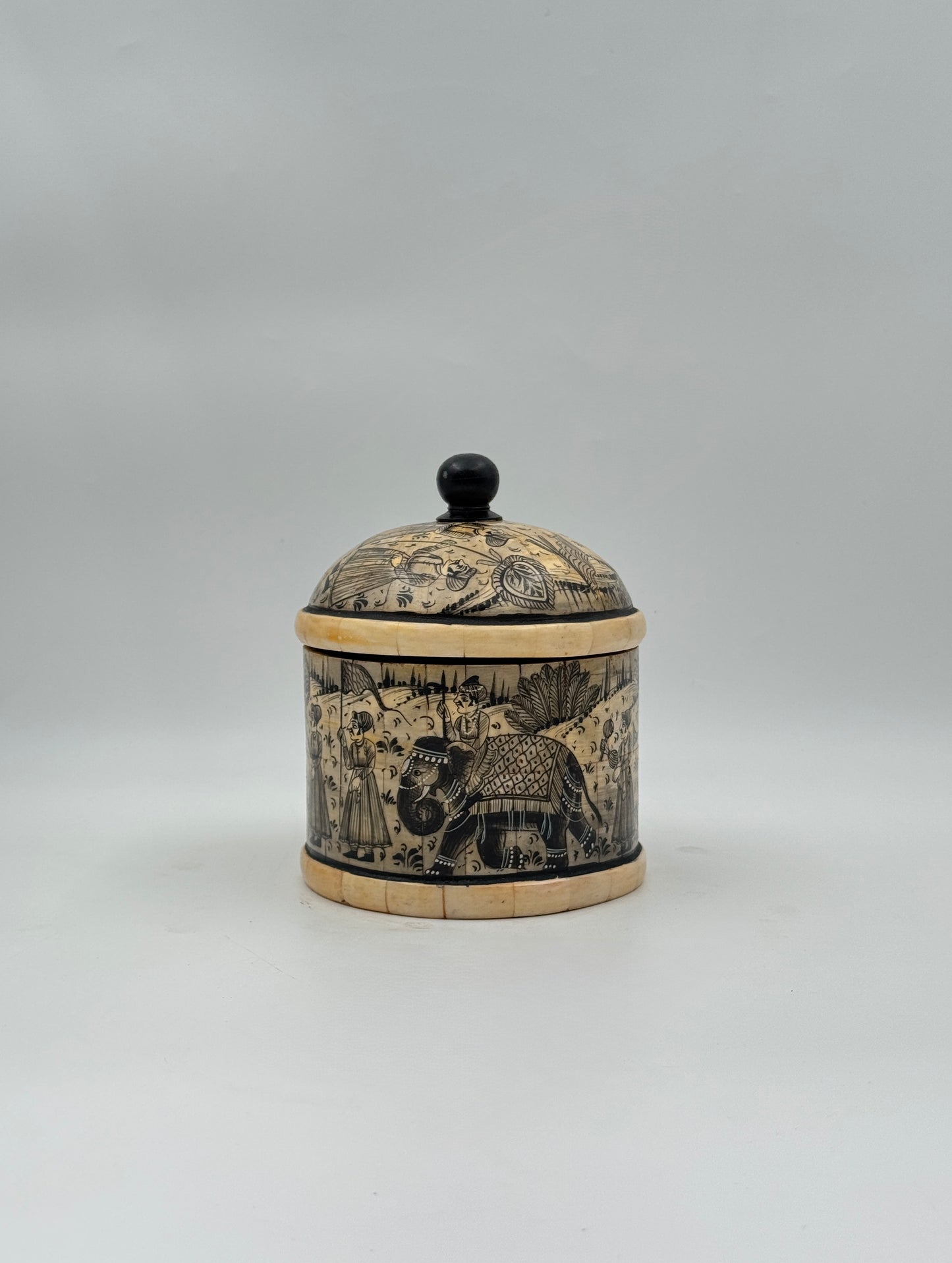 Hand-Painted Bone Betel Box – Round with Procession Scene