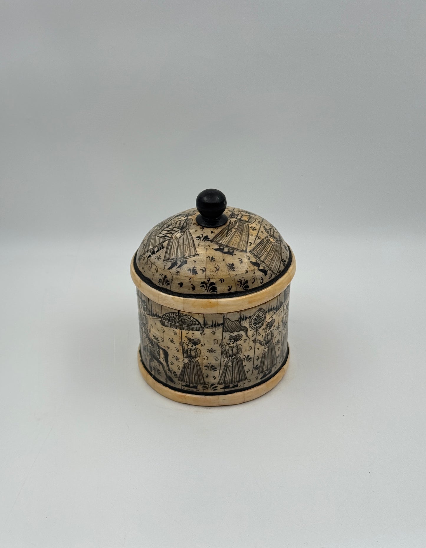 Hand-Painted Bone Betel Box – Round with Procession Scene