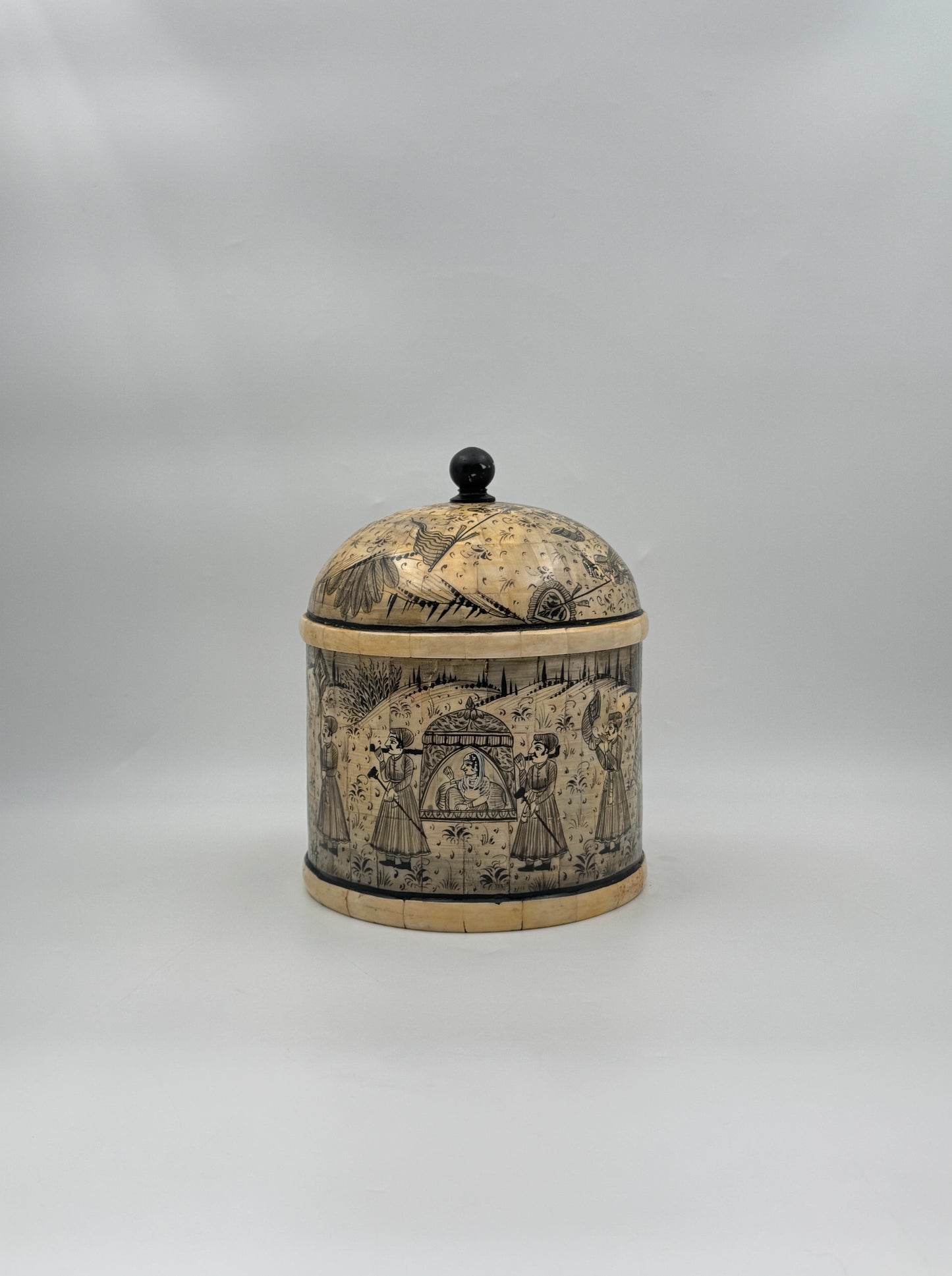 Large Hand-Painted Indian Bone Betel Box – Mughal Court & Procession Scene