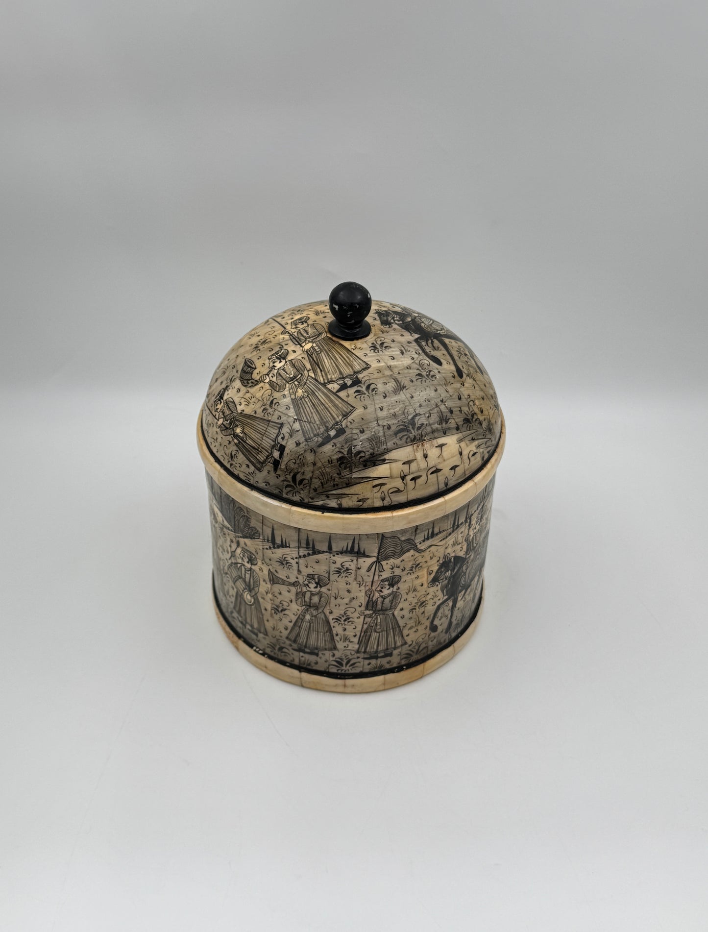 Large Hand-Painted Indian Bone Betel Box – Mughal Court & Procession Scene