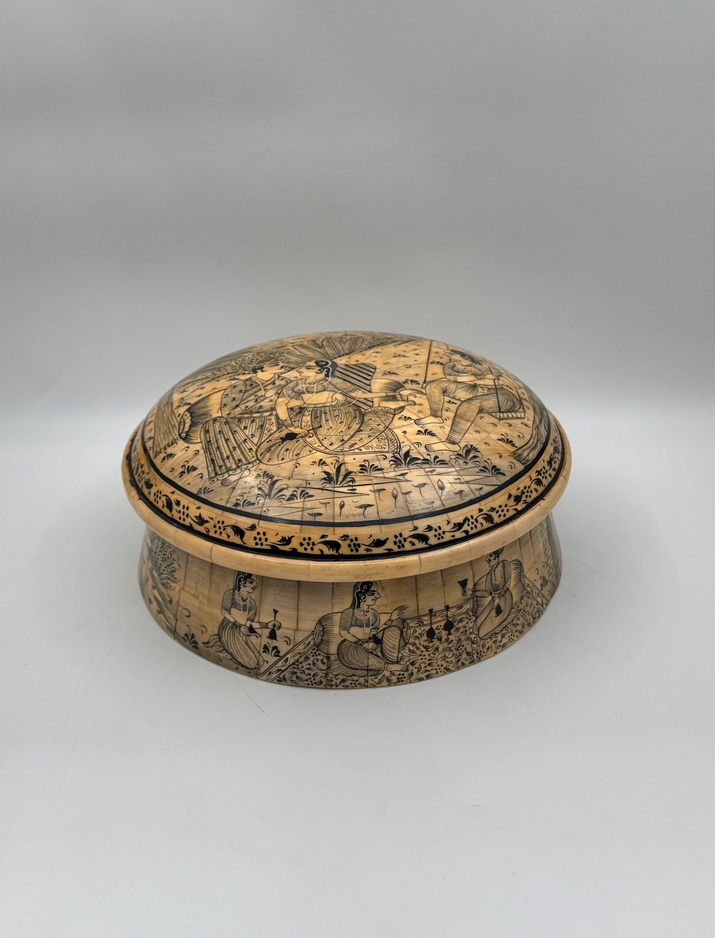 Hand-Painted Indian Bone Sweetmeat Box – Mughal Court Scene