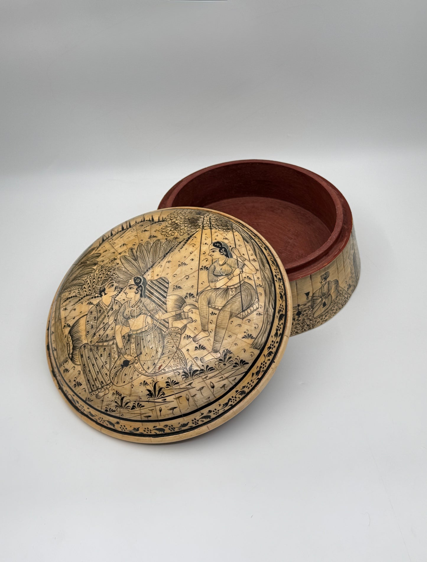 Hand-Painted Indian Bone Sweetmeat Box – Mughal Court Scene
