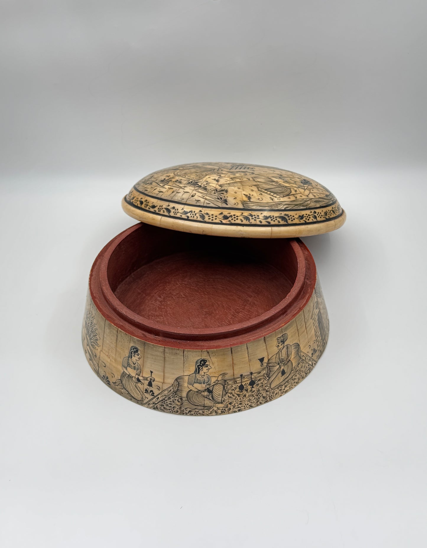 Hand-Painted Indian Bone Sweetmeat Box – Mughal Court Scene