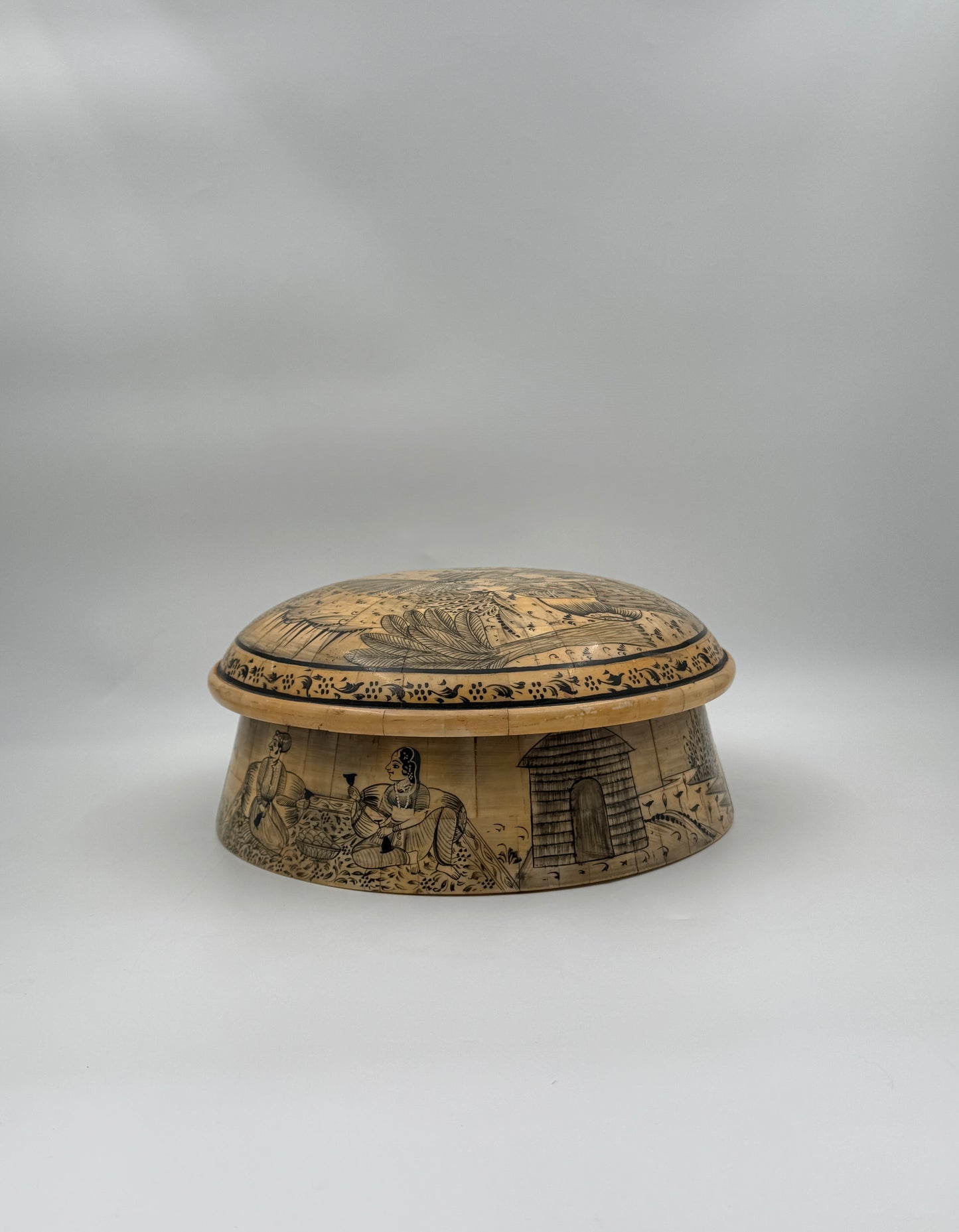 Hand-Painted Indian Bone Sweetmeat Box – Mughal Court Scene