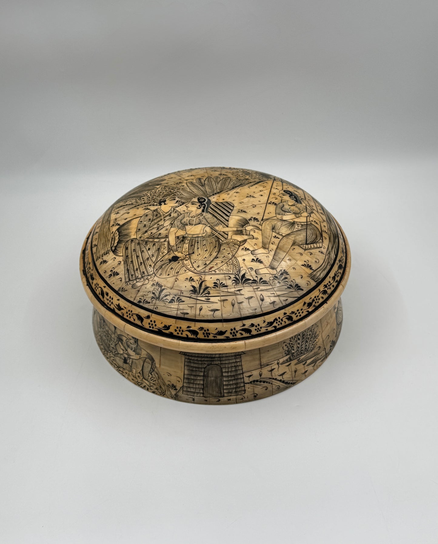 Hand-Painted Indian Bone Sweetmeat Box – Mughal Court Scene