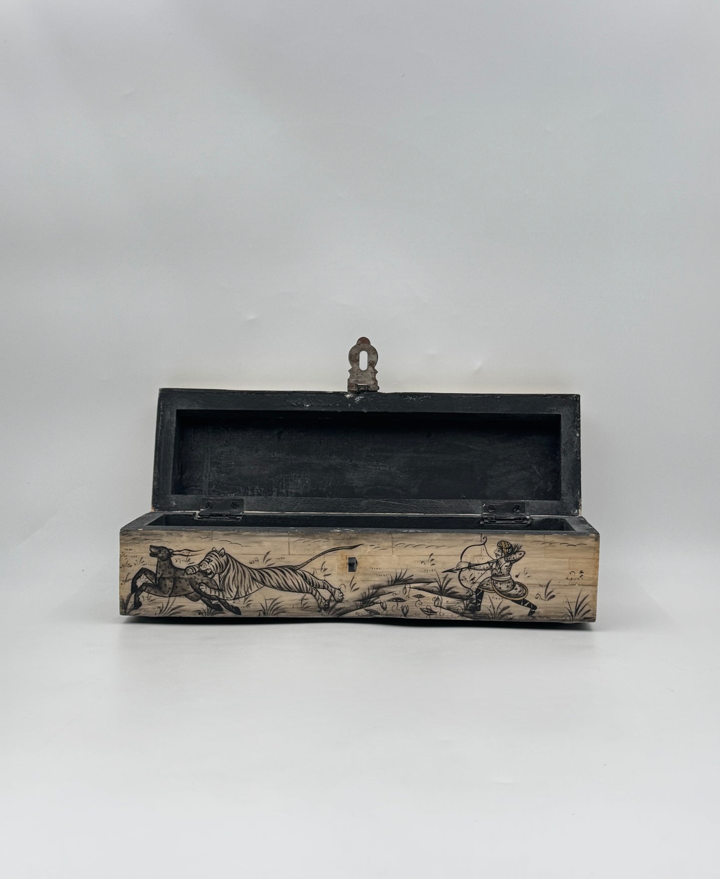 Hand-Painted Bone Pencil Box with Hunting Scene, India