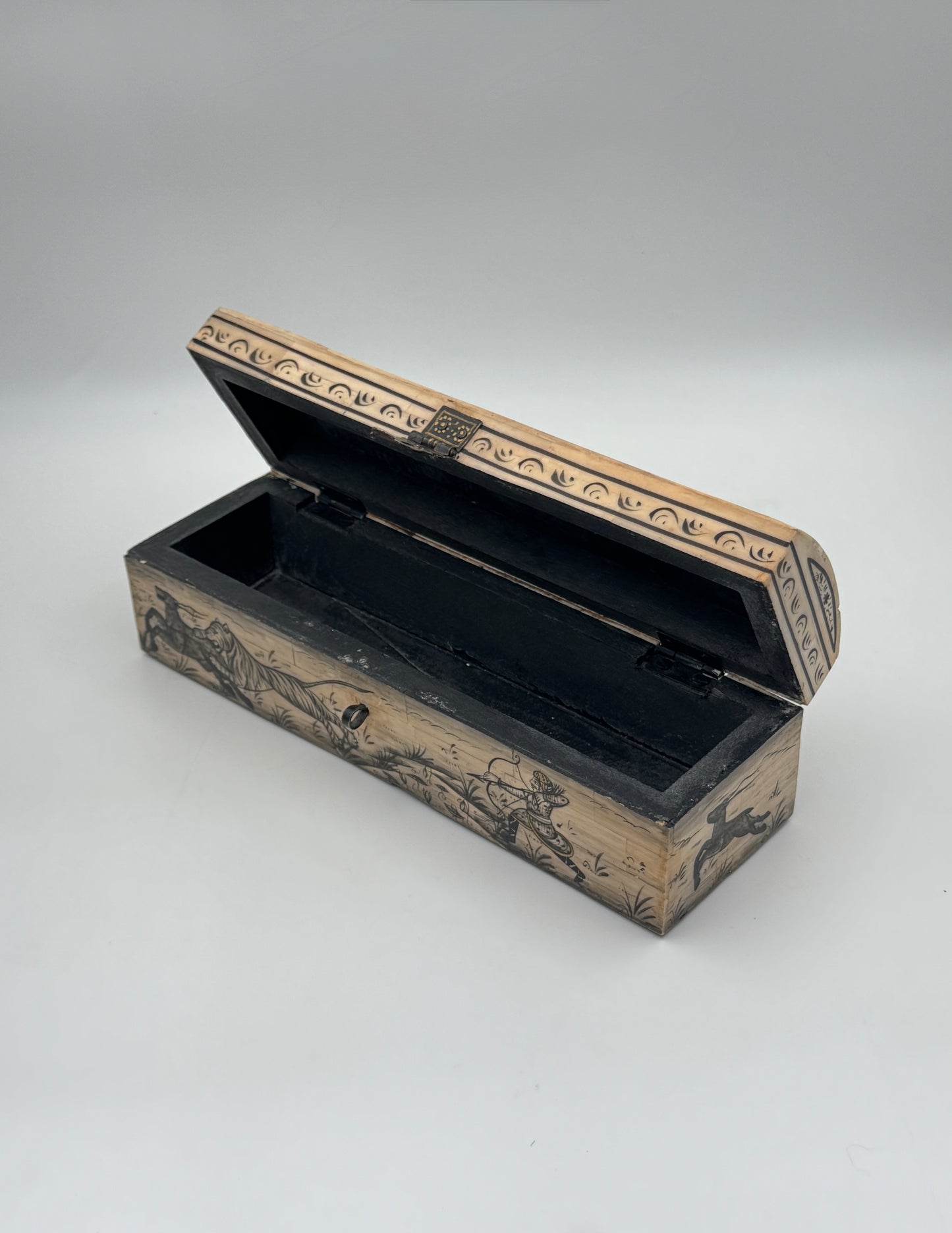 Hand-Painted Bone Pencil Box with Hunting Scene, India