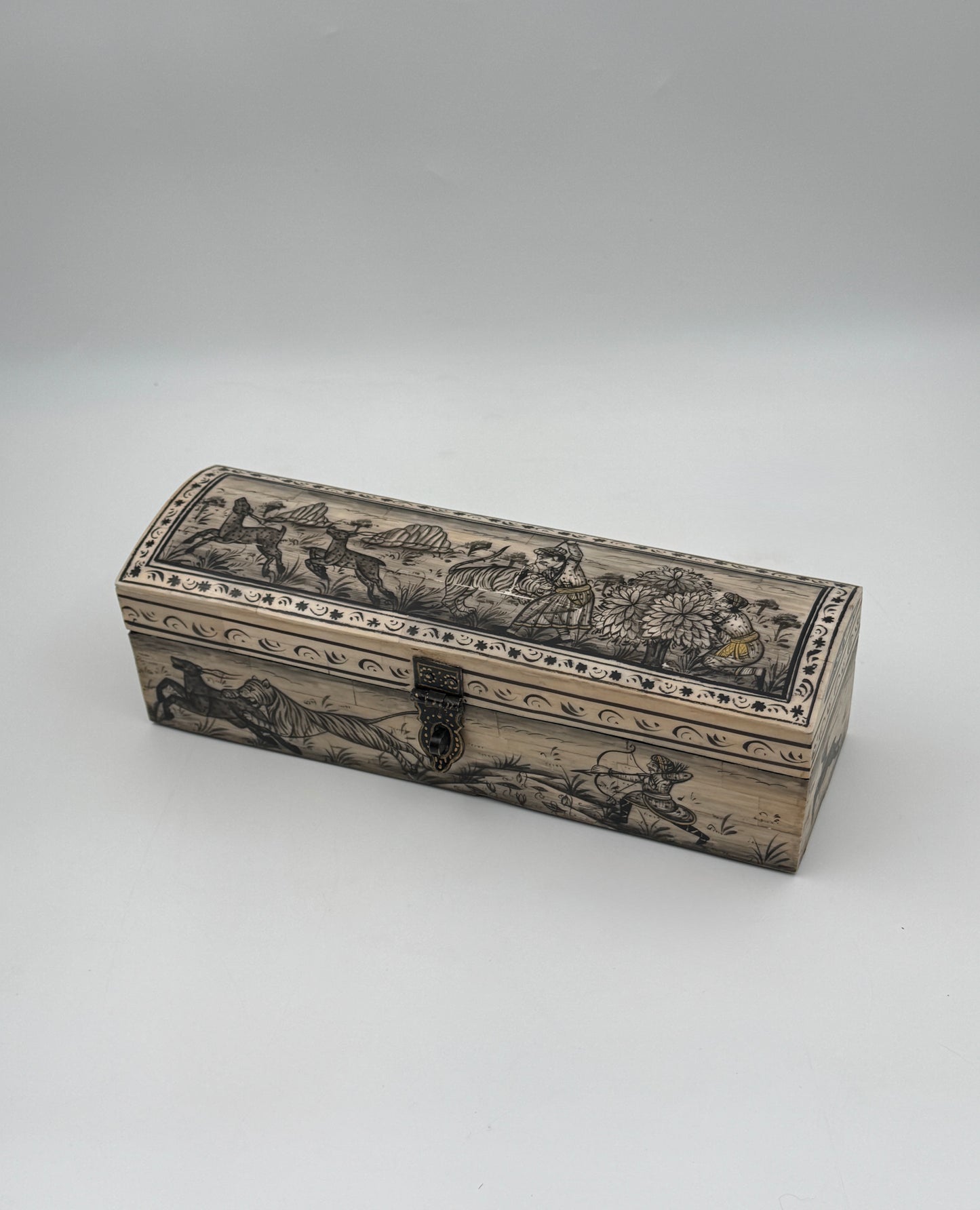 Hand-Painted Bone Pencil Box with Hunting Scene, India