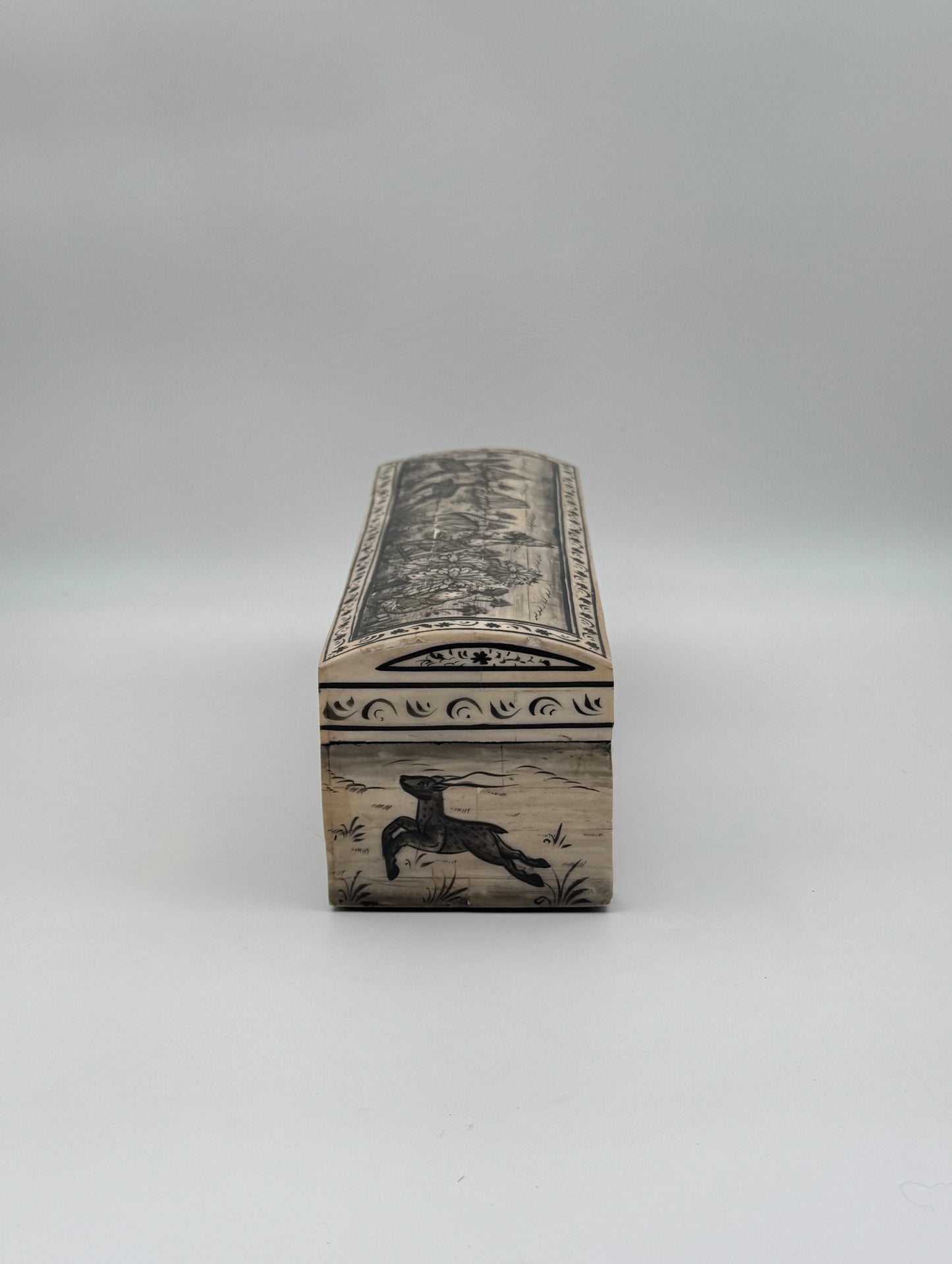 Hand-Painted Bone Pencil Box with Hunting Scene, India