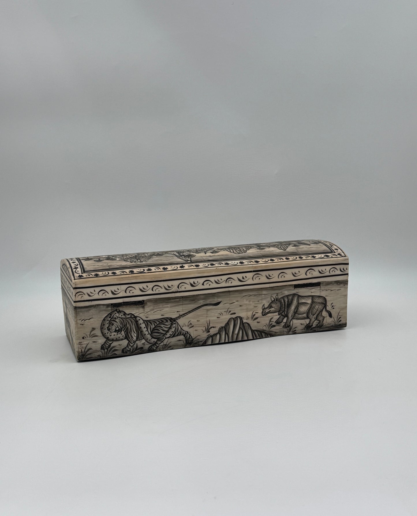 Hand-Painted Bone Pencil Box with Hunting Scene, India