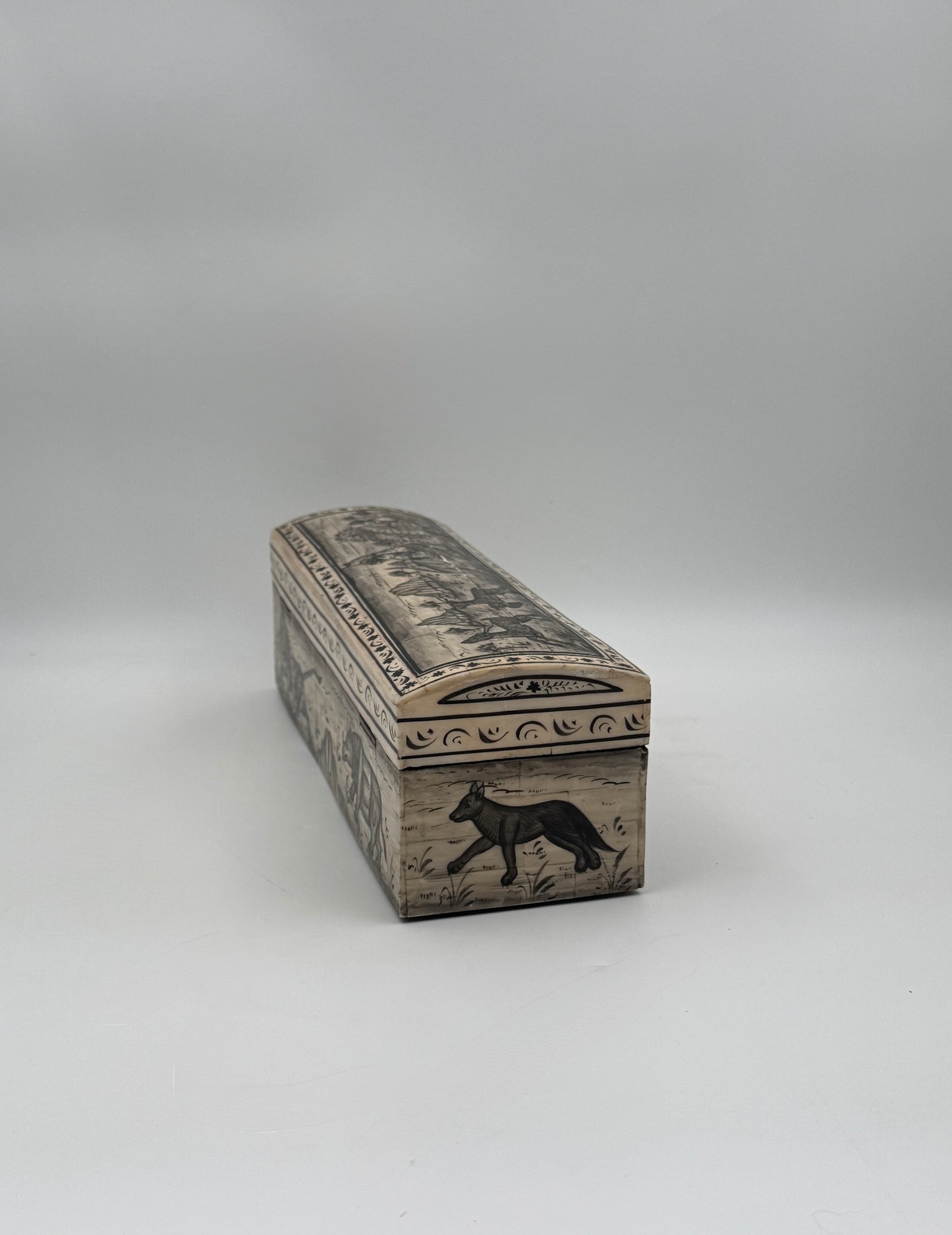 Hand-Painted Bone Pencil Box with Hunting Scene, India