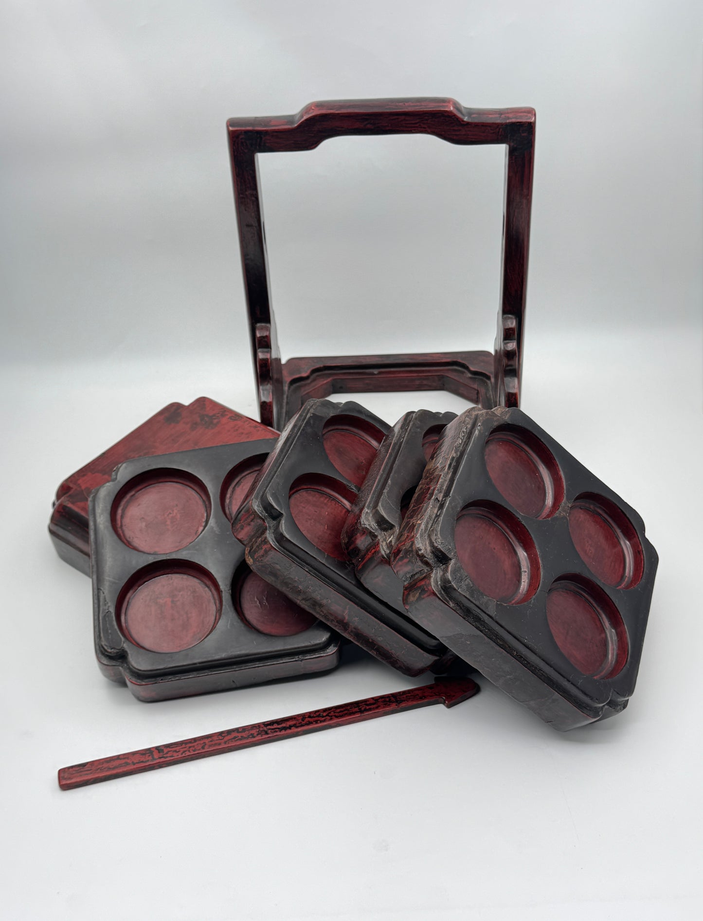 Chinese Red Lacquer Stacked Tea Box with Handle