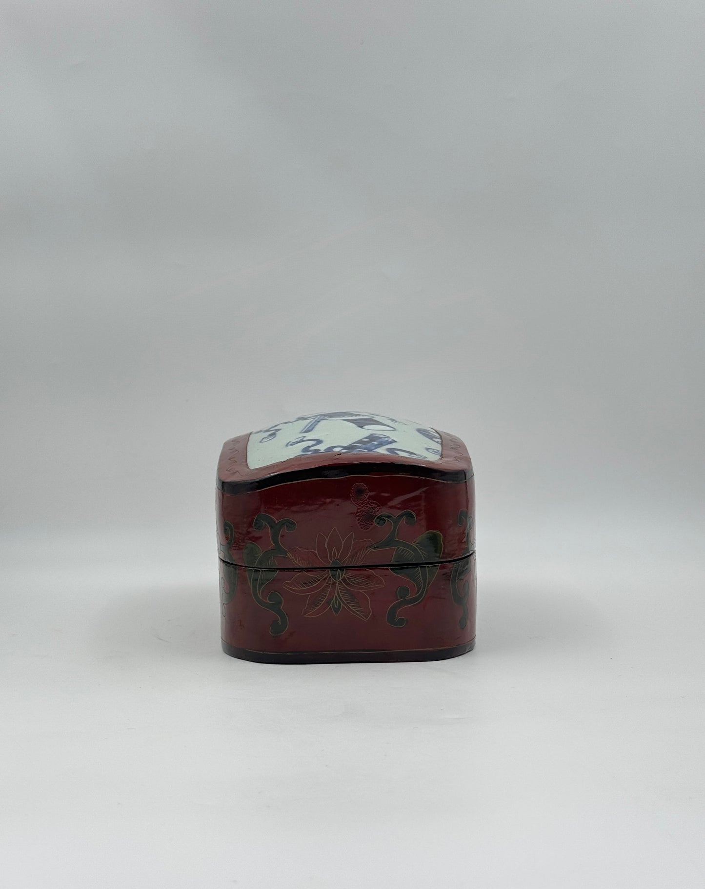 Chinese Lacquer Fragment Box with Blue & White Porcelain Inset Lid