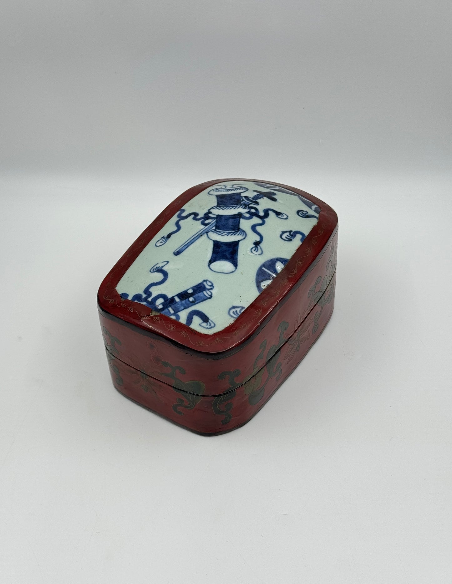 Chinese Lacquer Fragment Box with Blue & White Porcelain Inset Lid